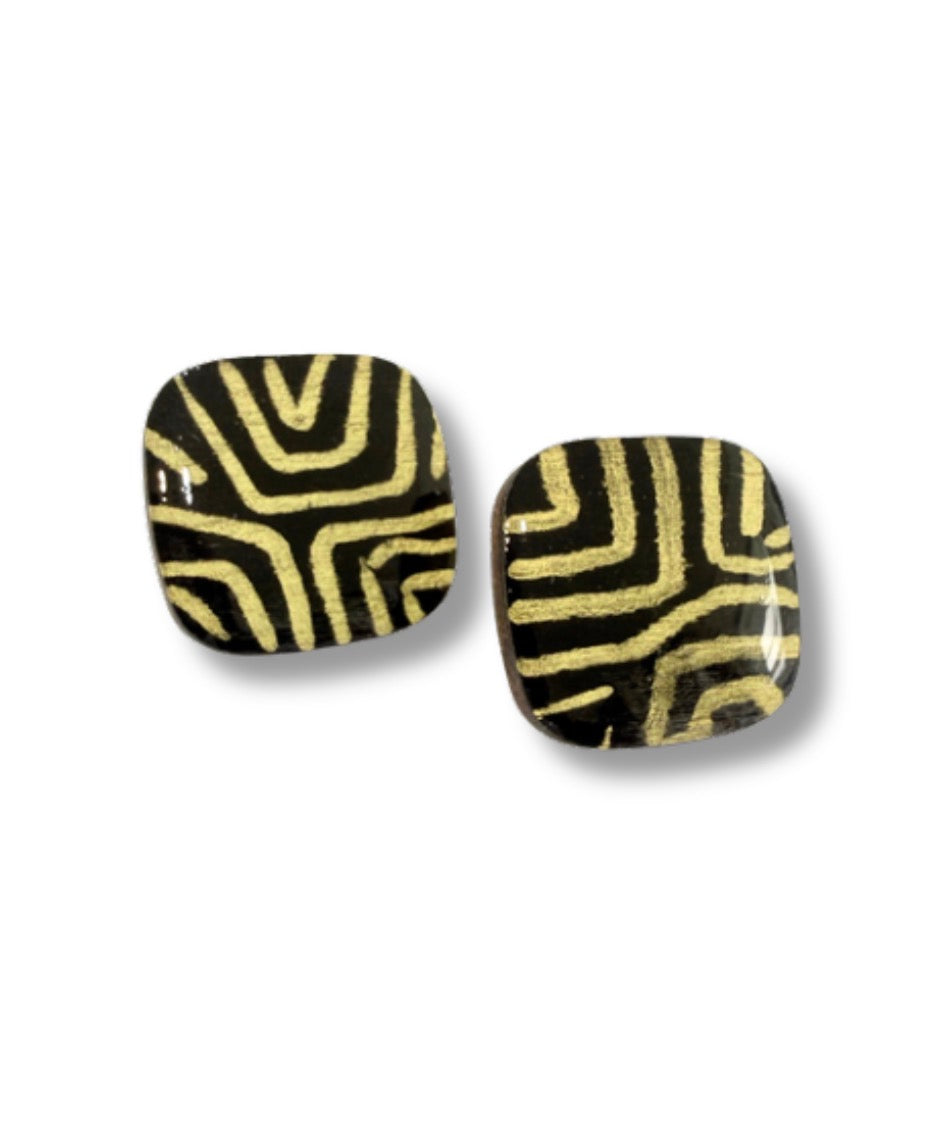 Black and Gold Labyrinth Stud Earrings — Hand Painted Wood — One of a Kind