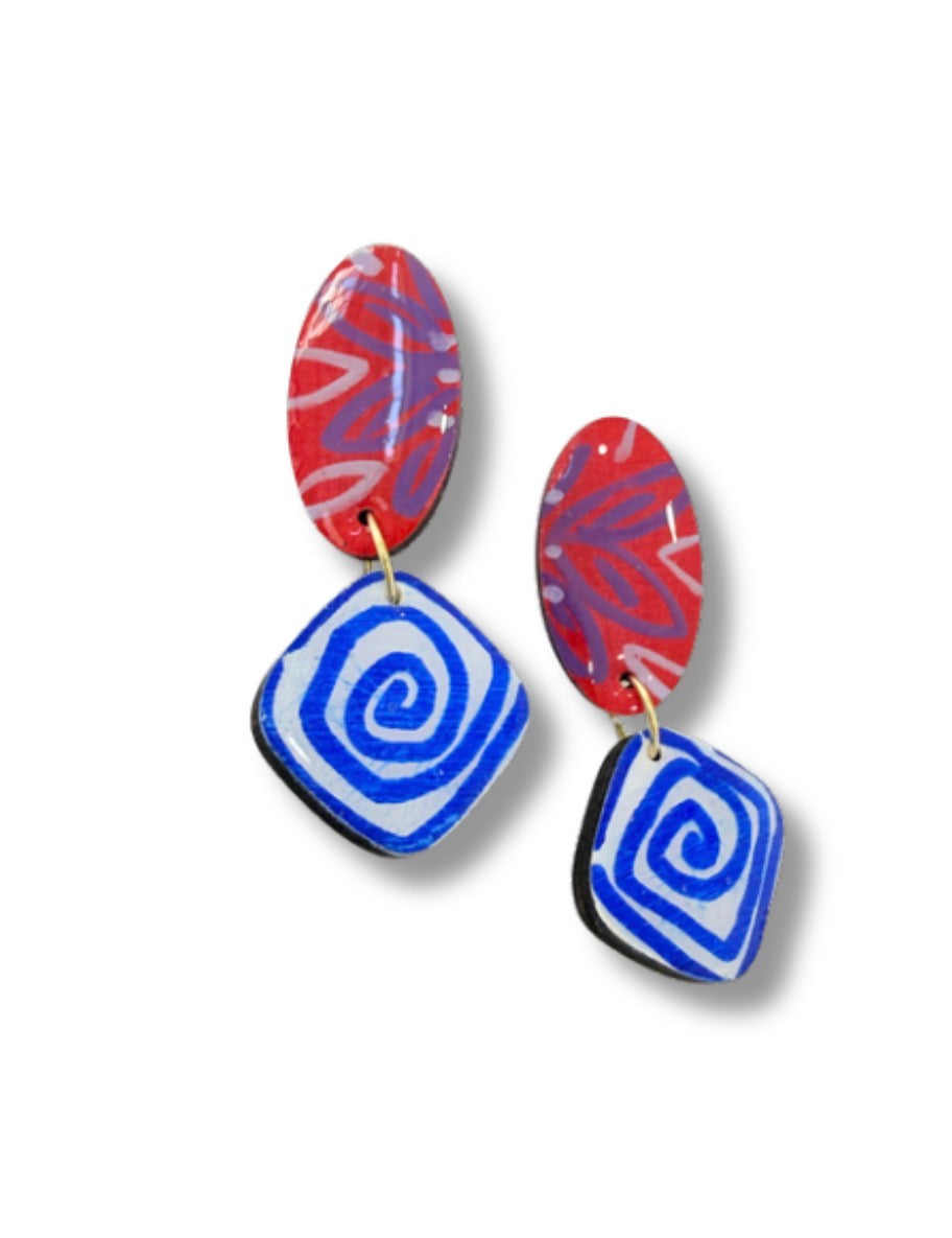 Red and Blue Double Drop Hook Earrings — Hand Painted Wood — One of a Kind
