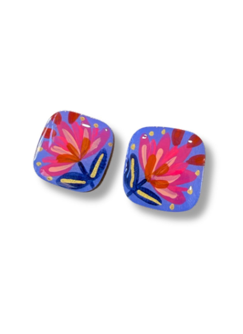 Midnight Bloom Stud Earrings — Hand Painted Wood — One of a Kind