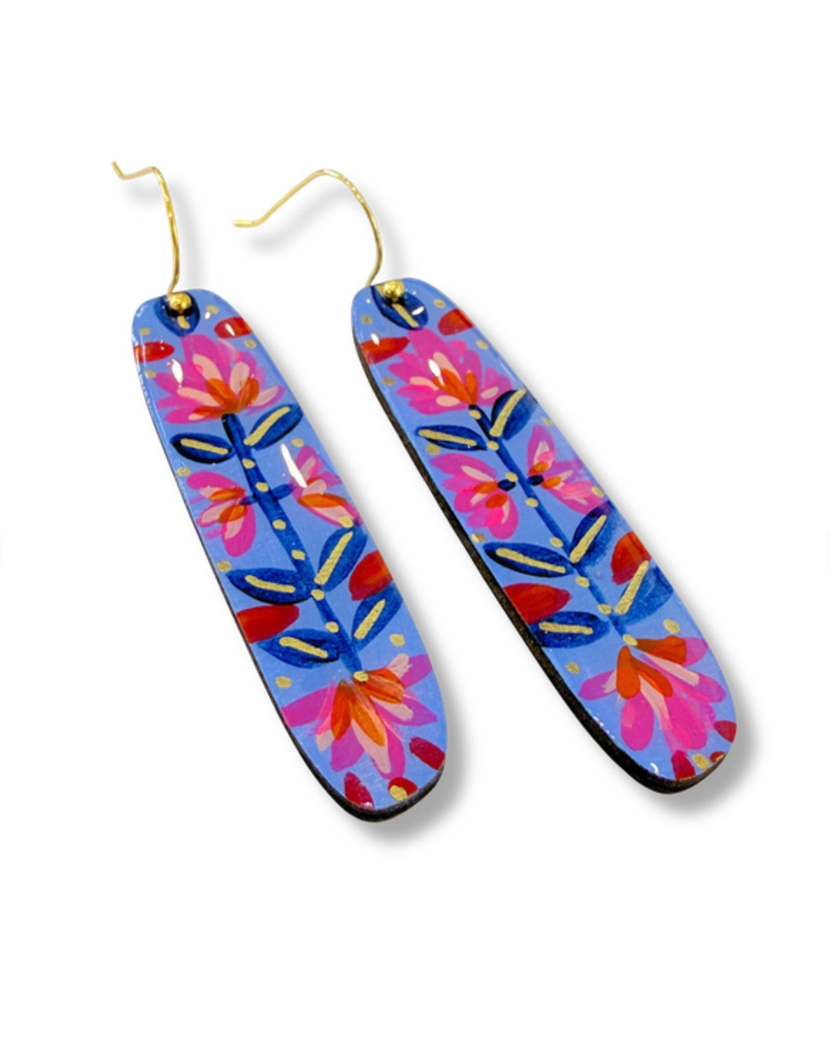 Periwinkle Floral Panel Hook Earrings — Hand Painted Wood — One of a Kind