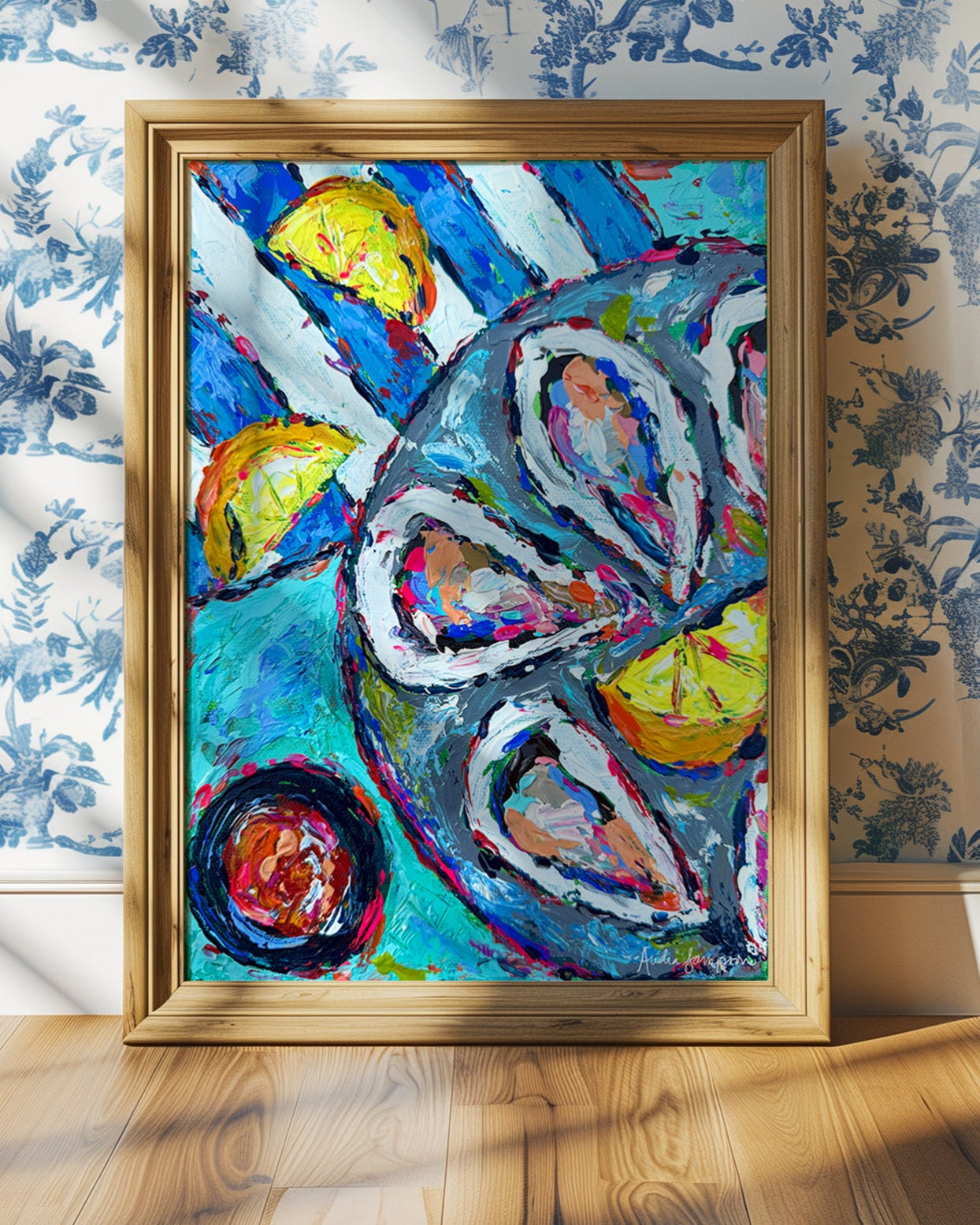 Oysters and Lemons Art Print on Paper or Canvas - Coastal Decor, Maximalist Nautical Beach Art Poster