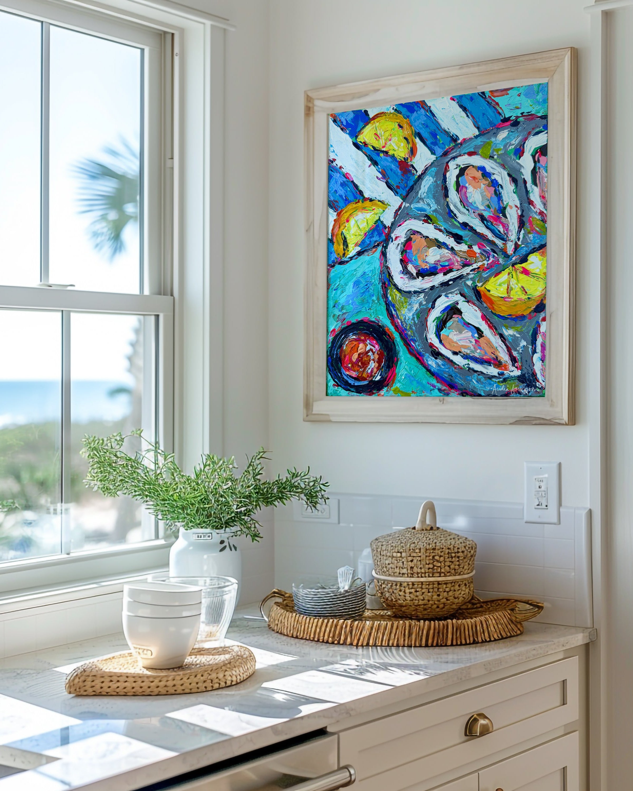 Oysters and Lemons Art Print on Paper or Canvas - Coastal Decor, Maximalist Nautical Beach Art Poster