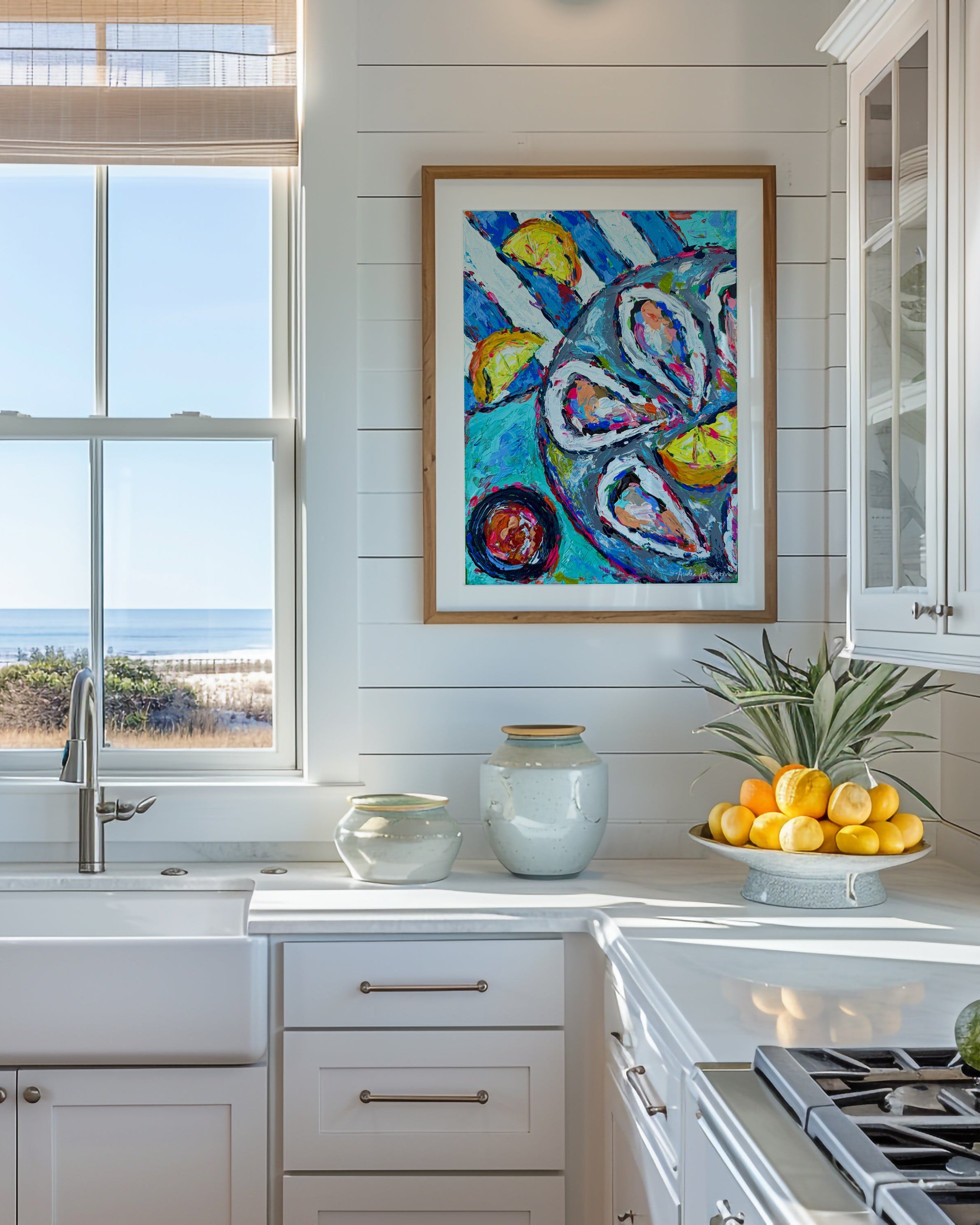 Oysters and Lemons Art Print on Paper or Canvas - Coastal Decor, Maximalist Nautical Beach Art Poster