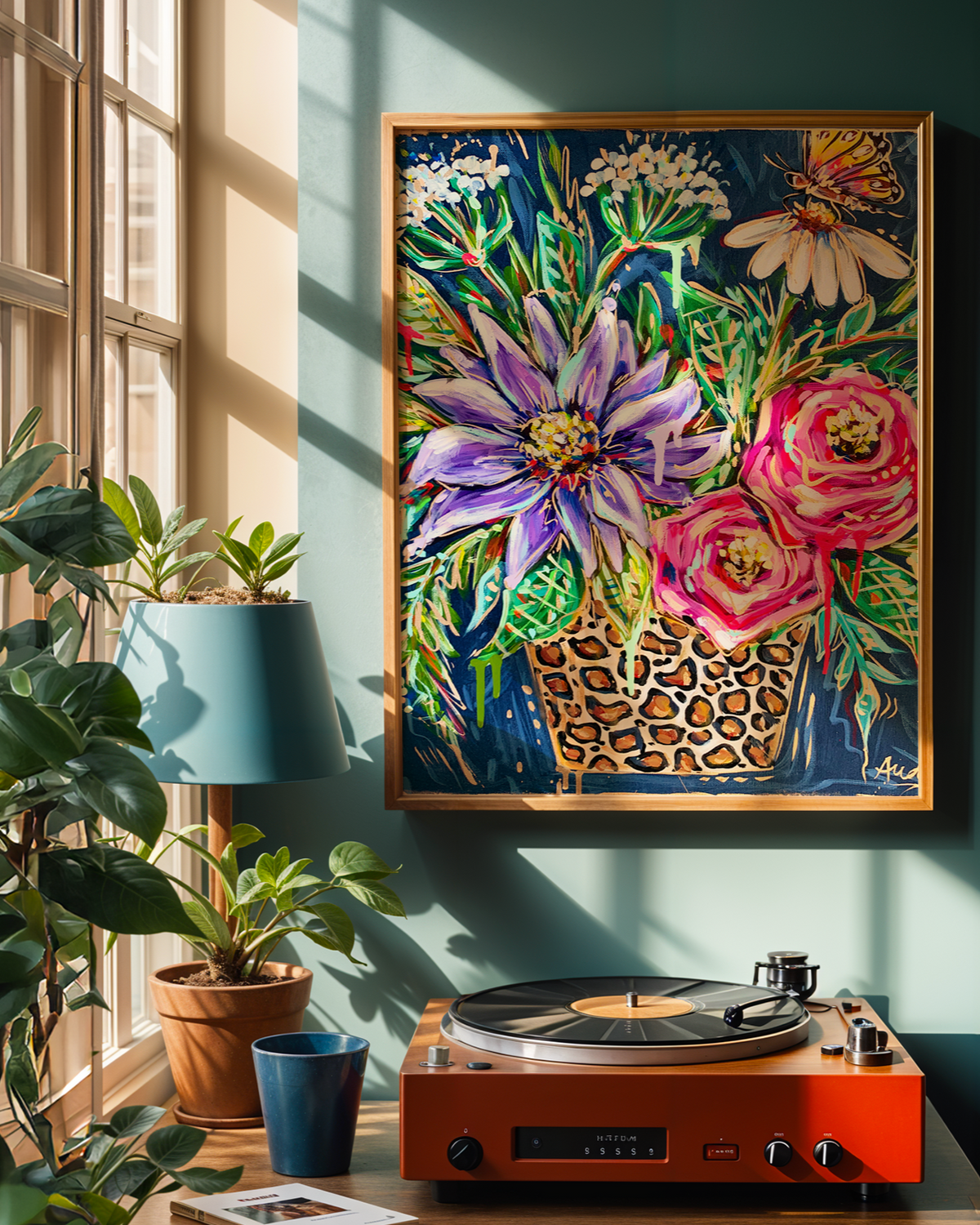 Leopard Floral Vase with Butterfly Art Print on Paper or Canvas - Maxi