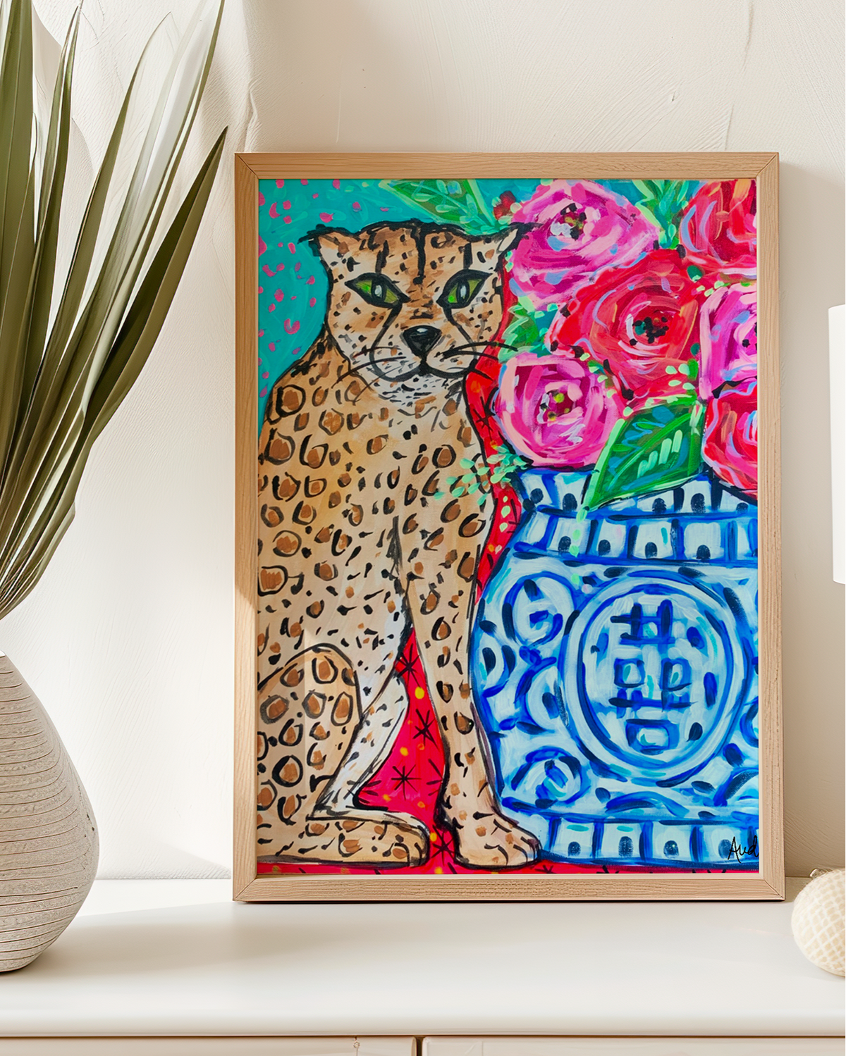 Leopard Ginger Jar Art Print on Paper or Canvas - Maximalist Decor, Blue and White Art Print Wall Poster