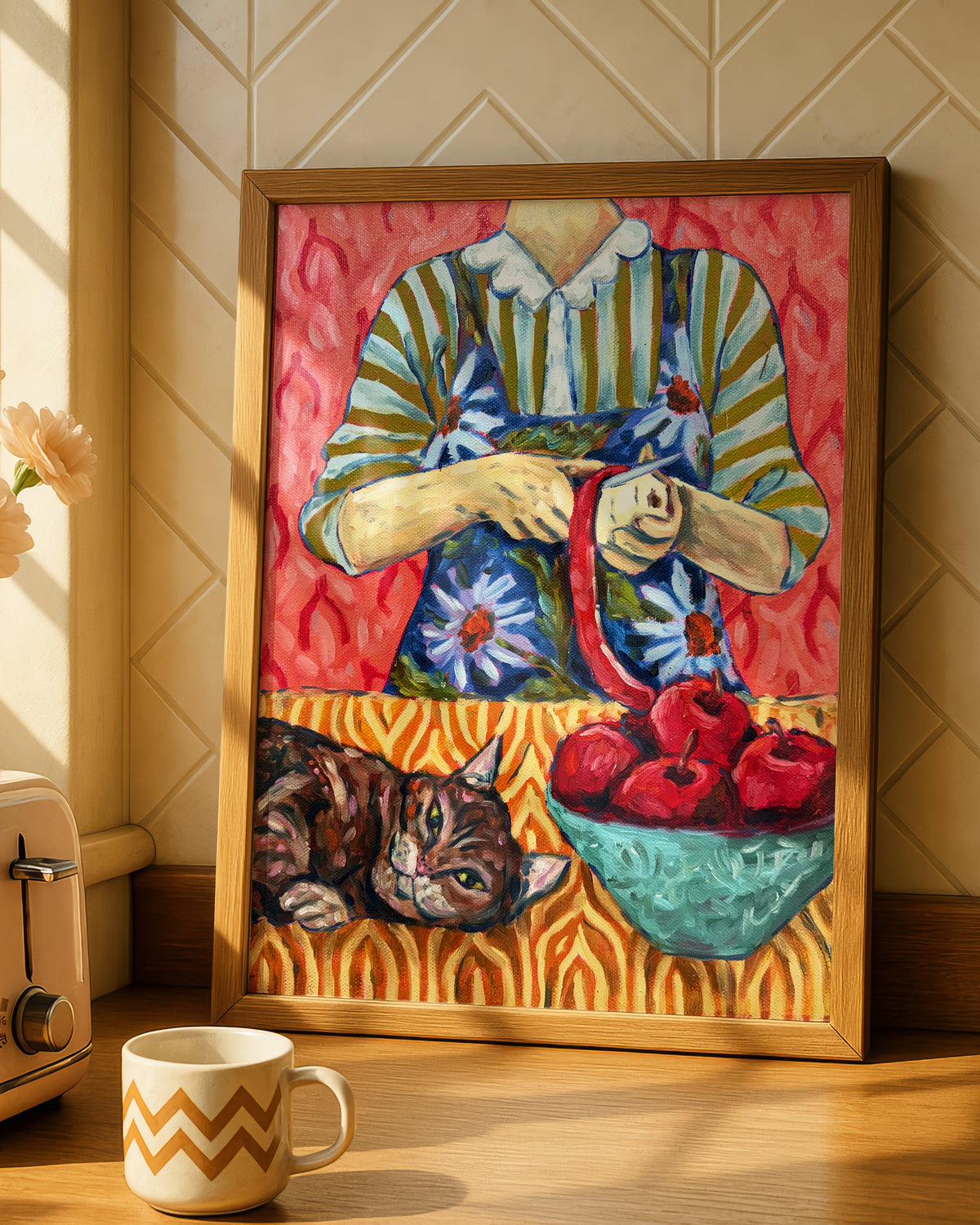 Tabby Cat and Apple Peeling Art Print on Paper or Canvas - Kitty Cat Art Poster