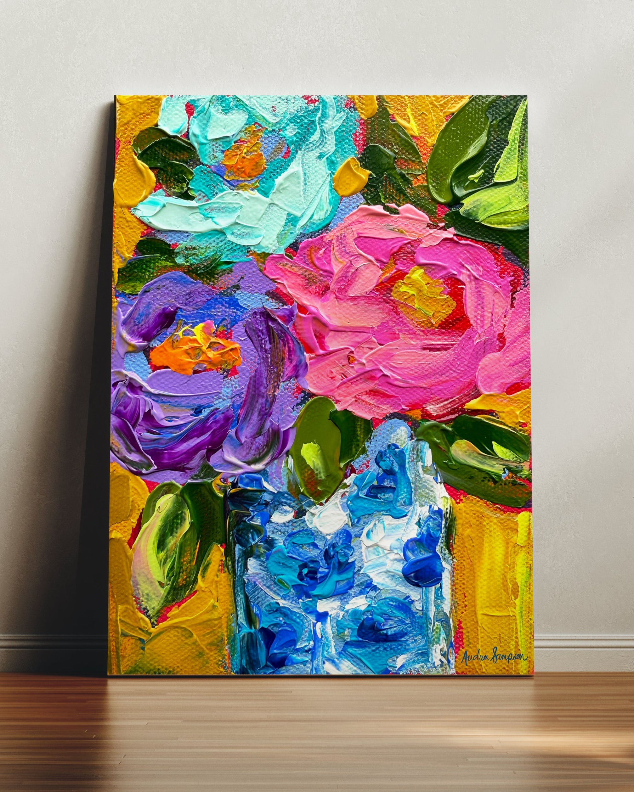 Mustard Background Blue White vase Art Print on Paper or Canvas - Floral Decor, Maximalist Art Poster