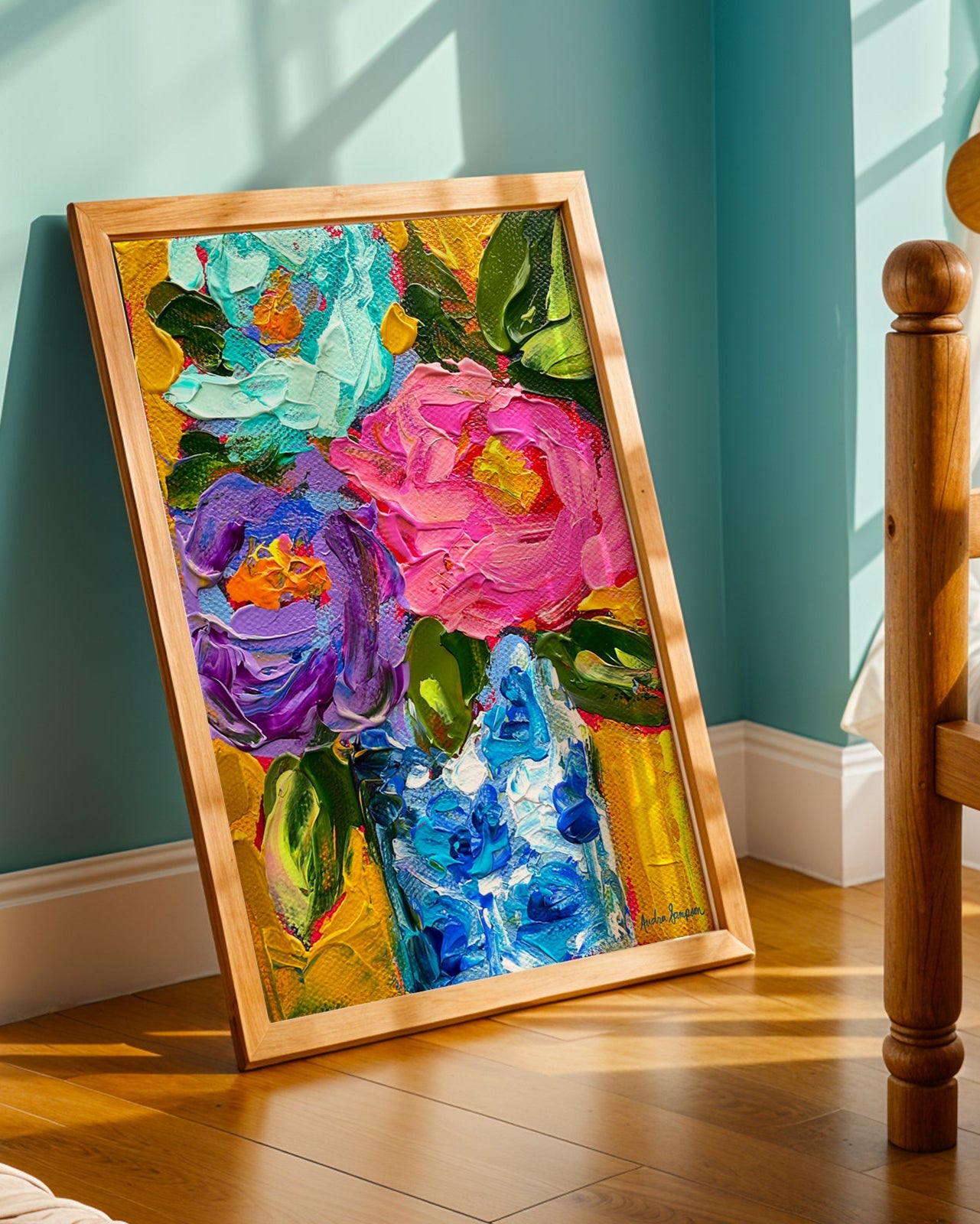 Mustard Background Blue White vase Art Print on Paper or Canvas - Floral Decor, Maximalist Art Poster