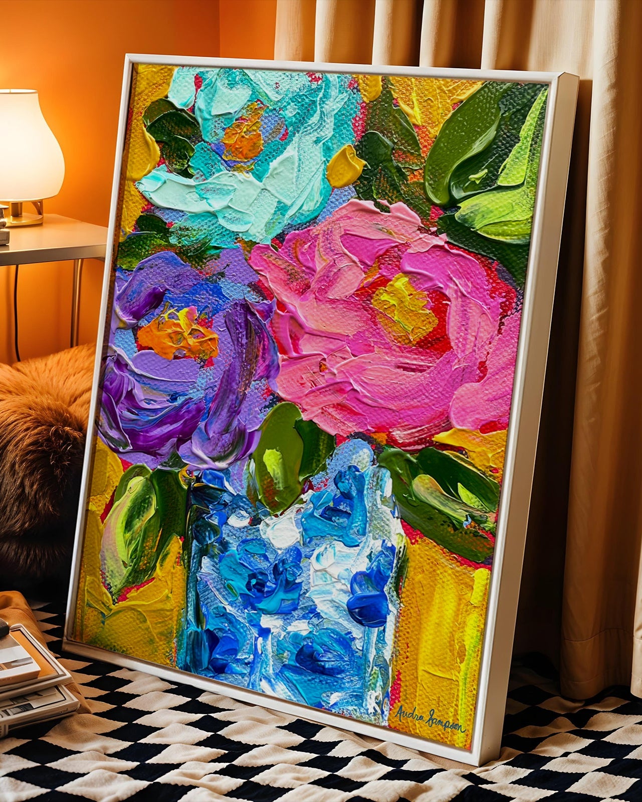 Mustard Background Blue White vase Art Print on Paper or Canvas - Floral Decor, Maximalist Art Poster