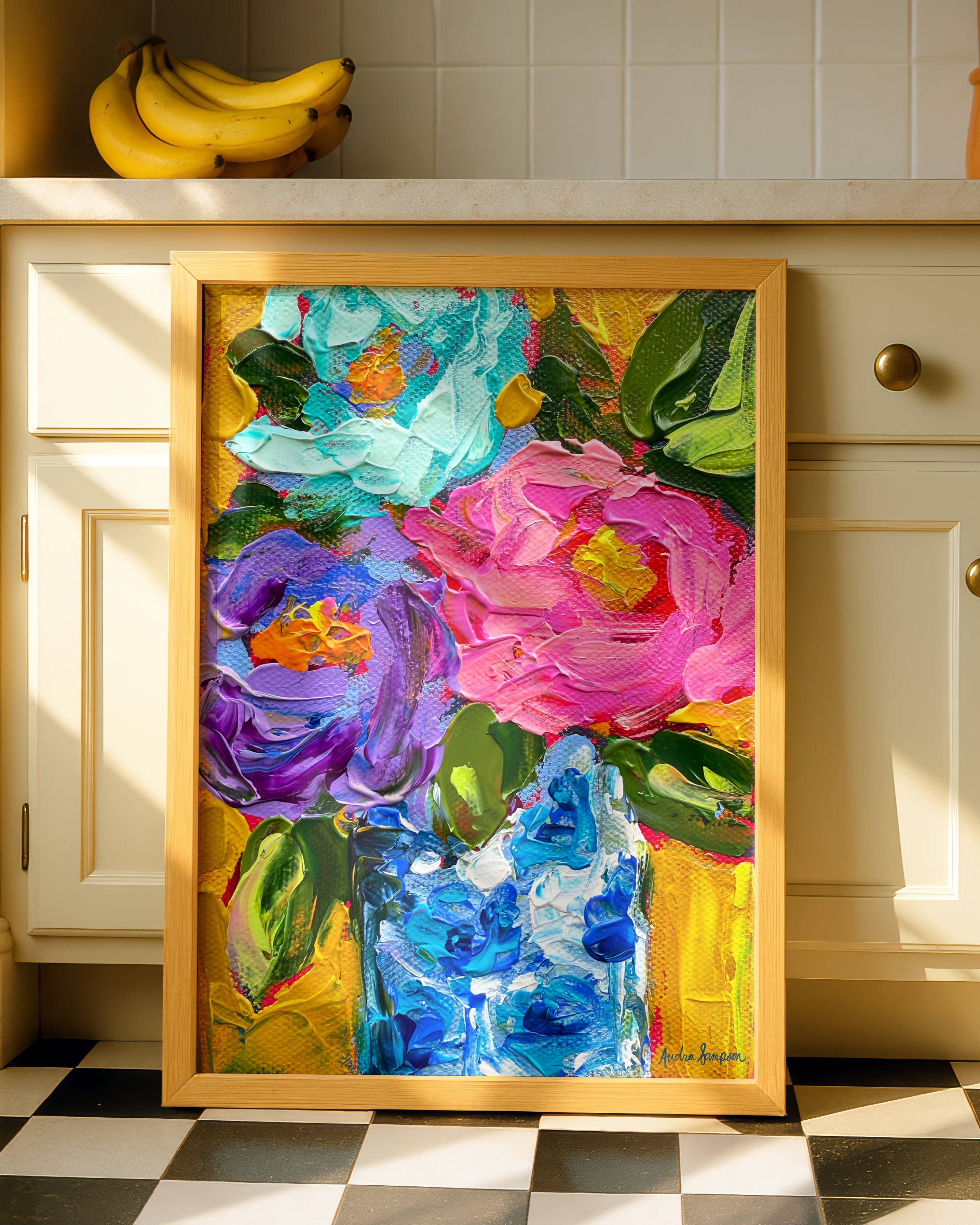 Mustard Background Blue White vase Art Print on Paper or Canvas - Floral Decor, Maximalist Art Poster