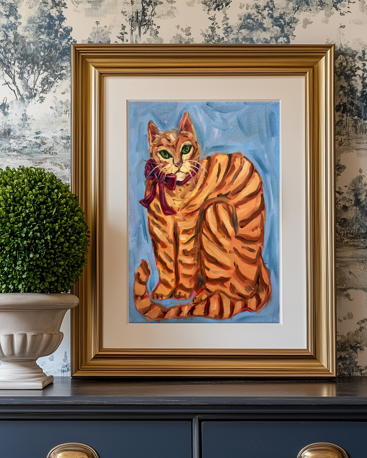 Orange Cat with Bow Art Print on Paper or Canvas - Kitty Cat Art Poster