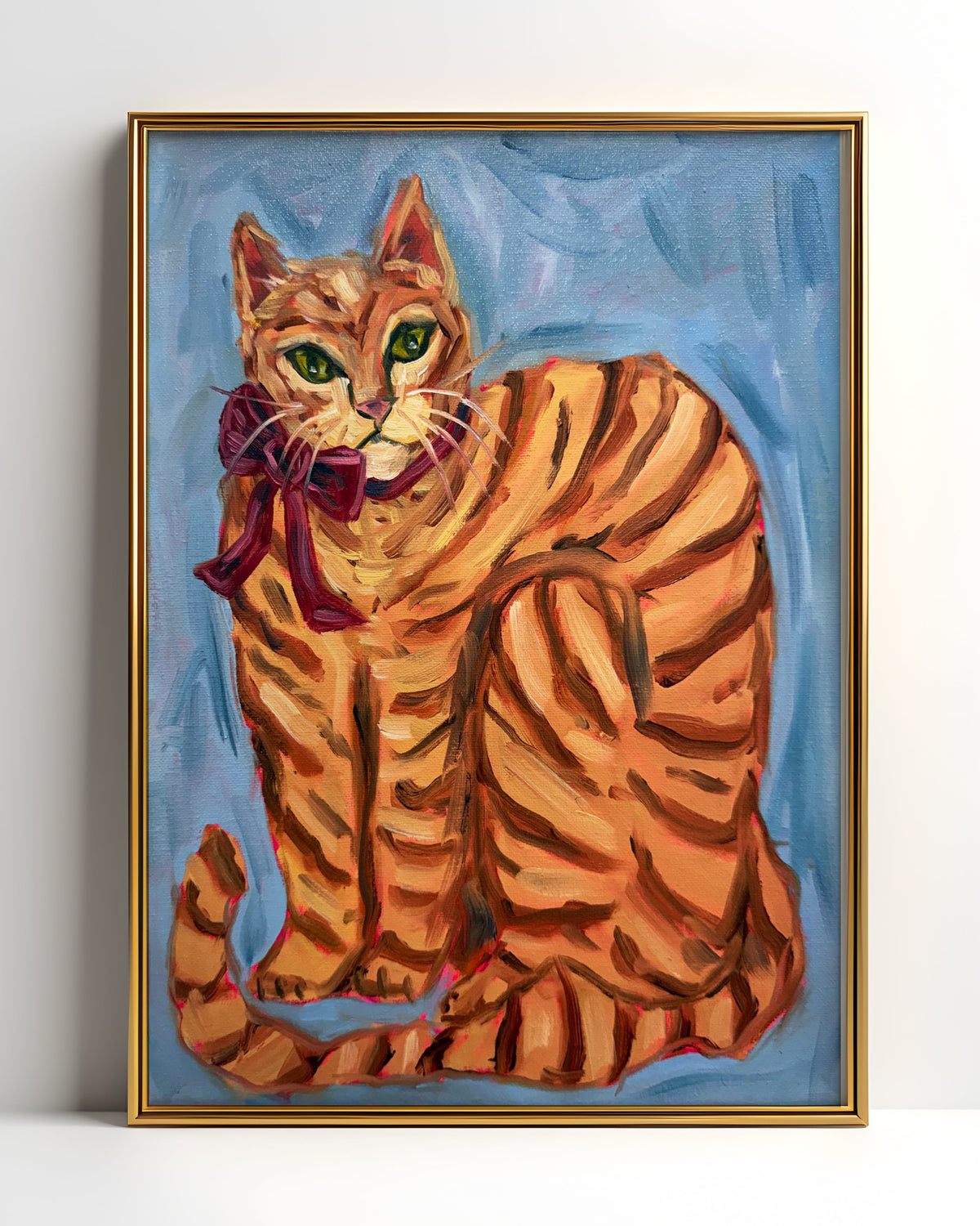 Orange Cat with Bow Art Print on Paper or Canvas - Kitty Cat Art Poster