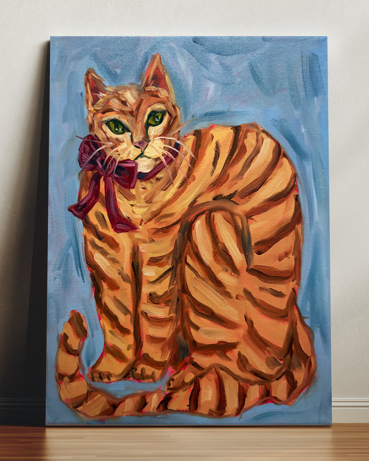 Orange Cat with Bow Art Print on Paper or Canvas - Kitty Cat Art Poster