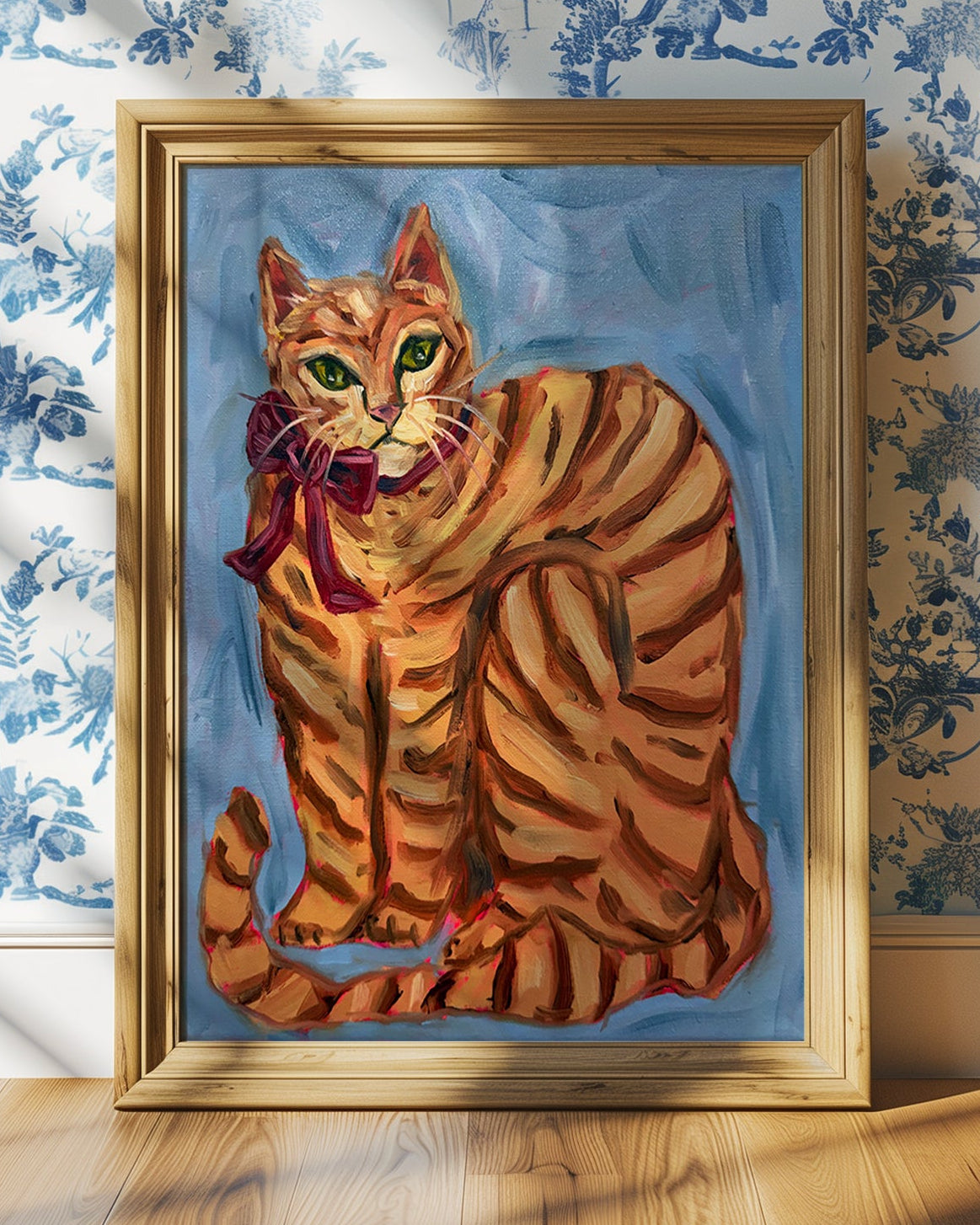 Orange Cat with Bow Art Print on Paper or Canvas - Kitty Cat Art Poster