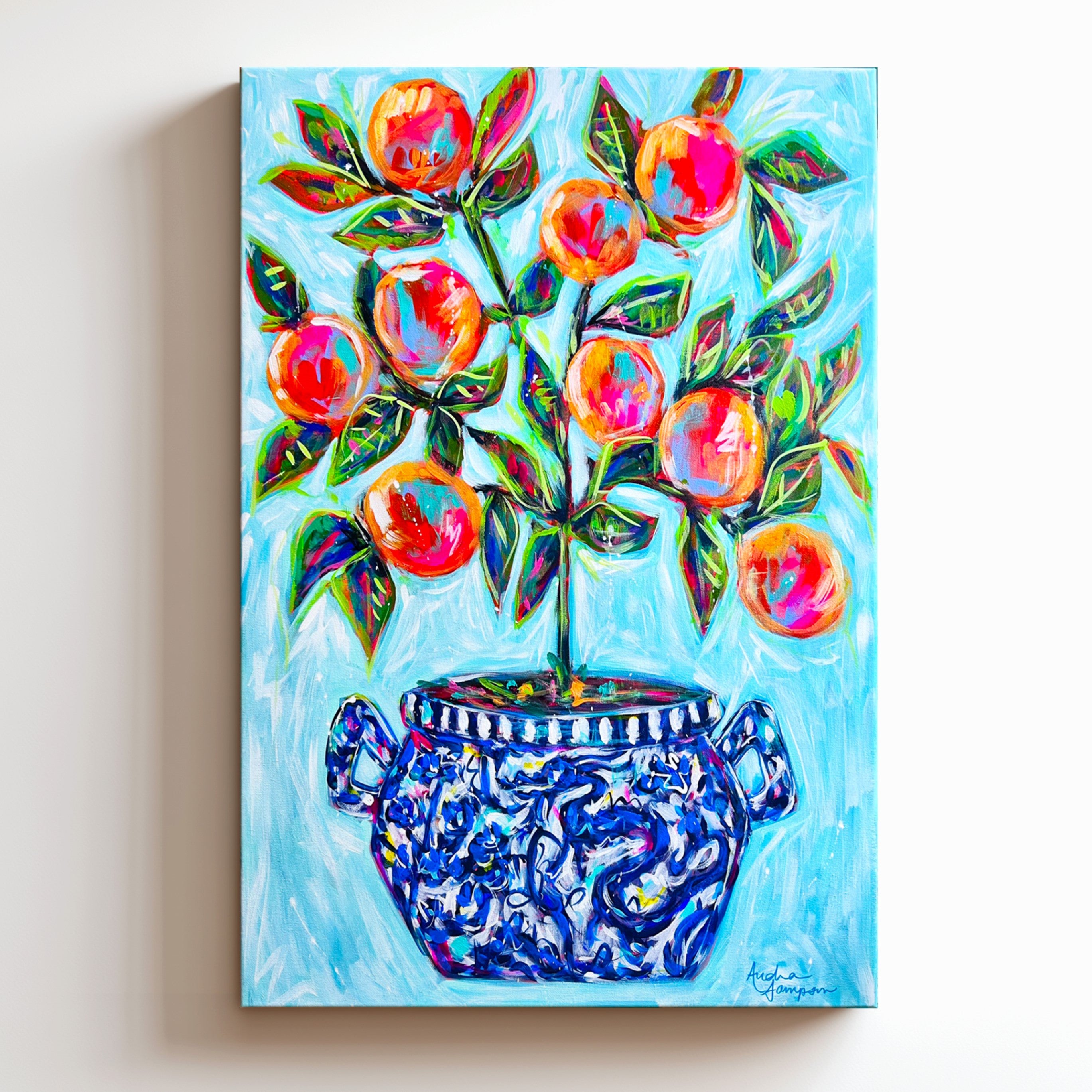 Orange Tree Art Print on Paper or Canvas - Blue White Decor, Colorful Wall Art Poster