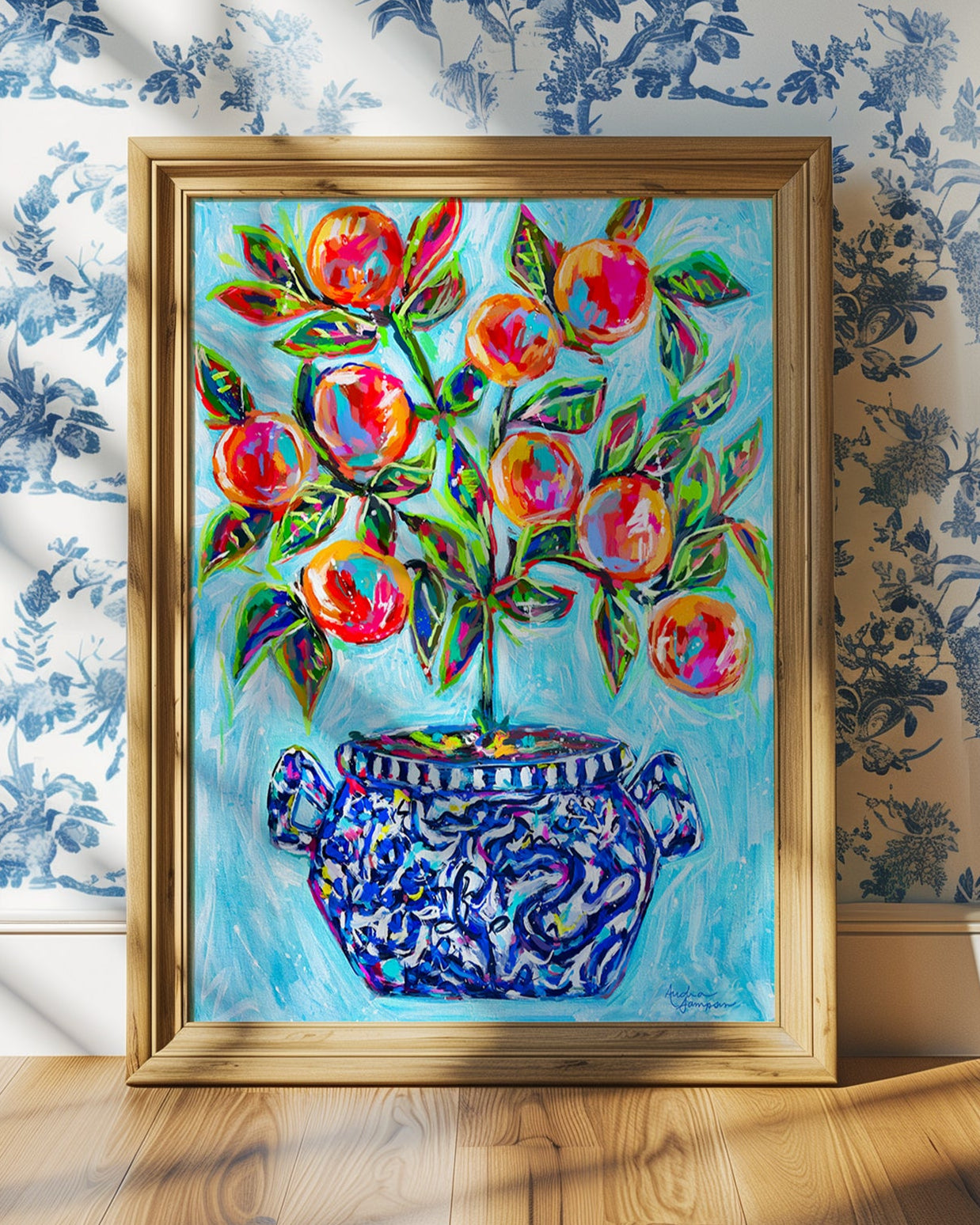 Orange Tree Art Print on Paper or Canvas - Blue White Decor, Colorful Wall Art Poster