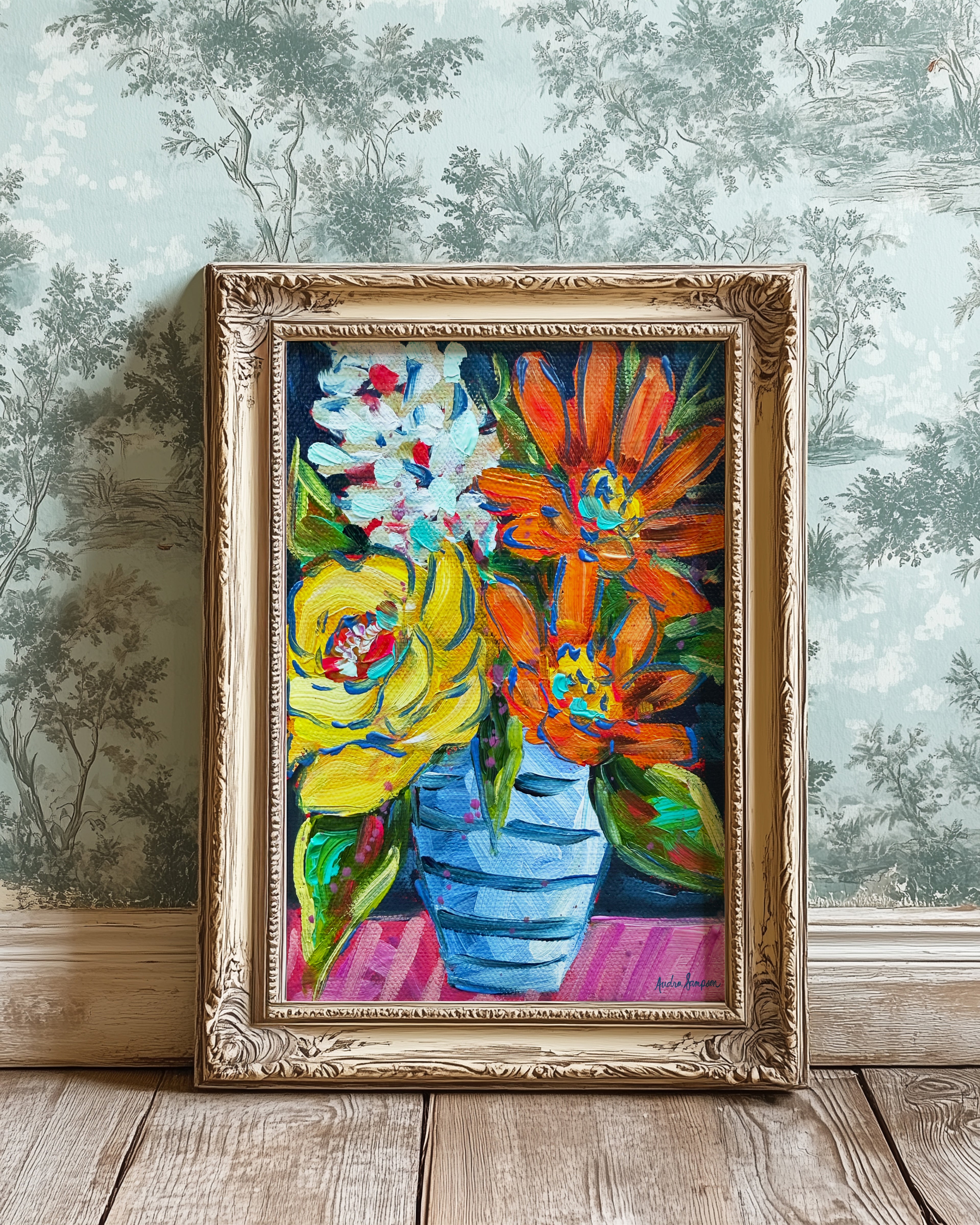 Orange Yellow Blue Stripe Vase Art Print on Paper or Canvas - Floral Decor, Maximalist Art Poster