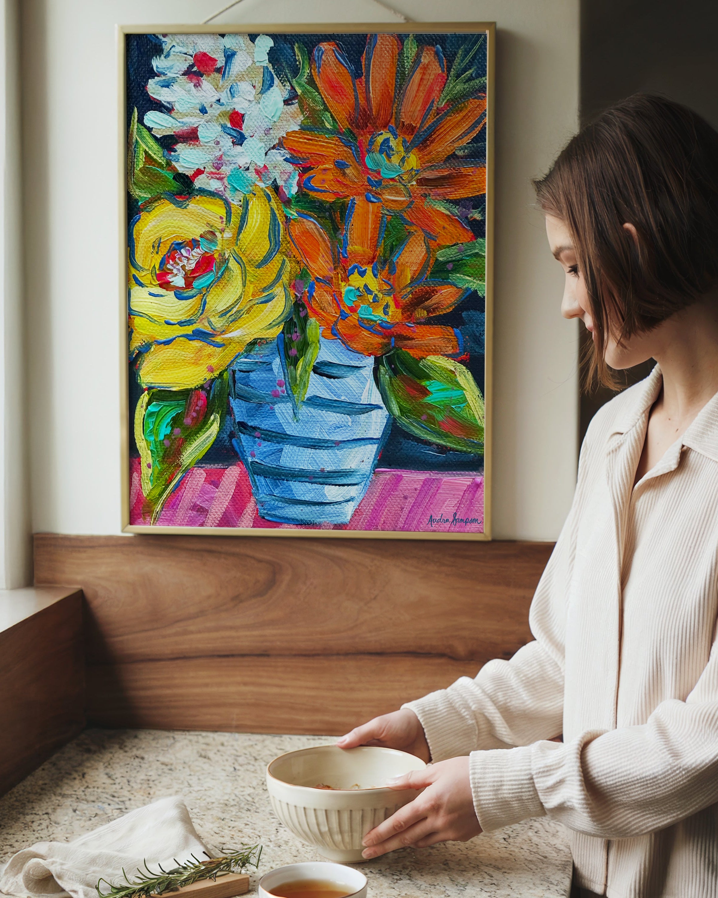 Orange Yellow Blue Stripe Vase Art Print on Paper or Canvas - Floral Decor, Maximalist Art Poster