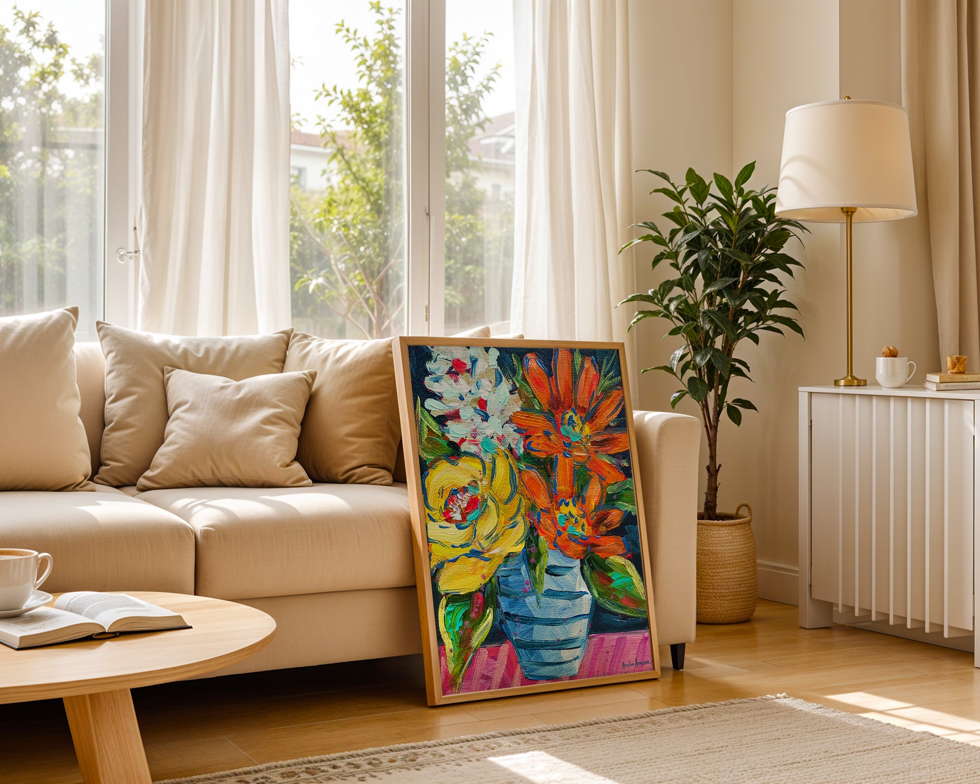 Orange Yellow Blue Stripe Vase Art Print on Paper or Canvas - Floral Decor, Maximalist Art Poster