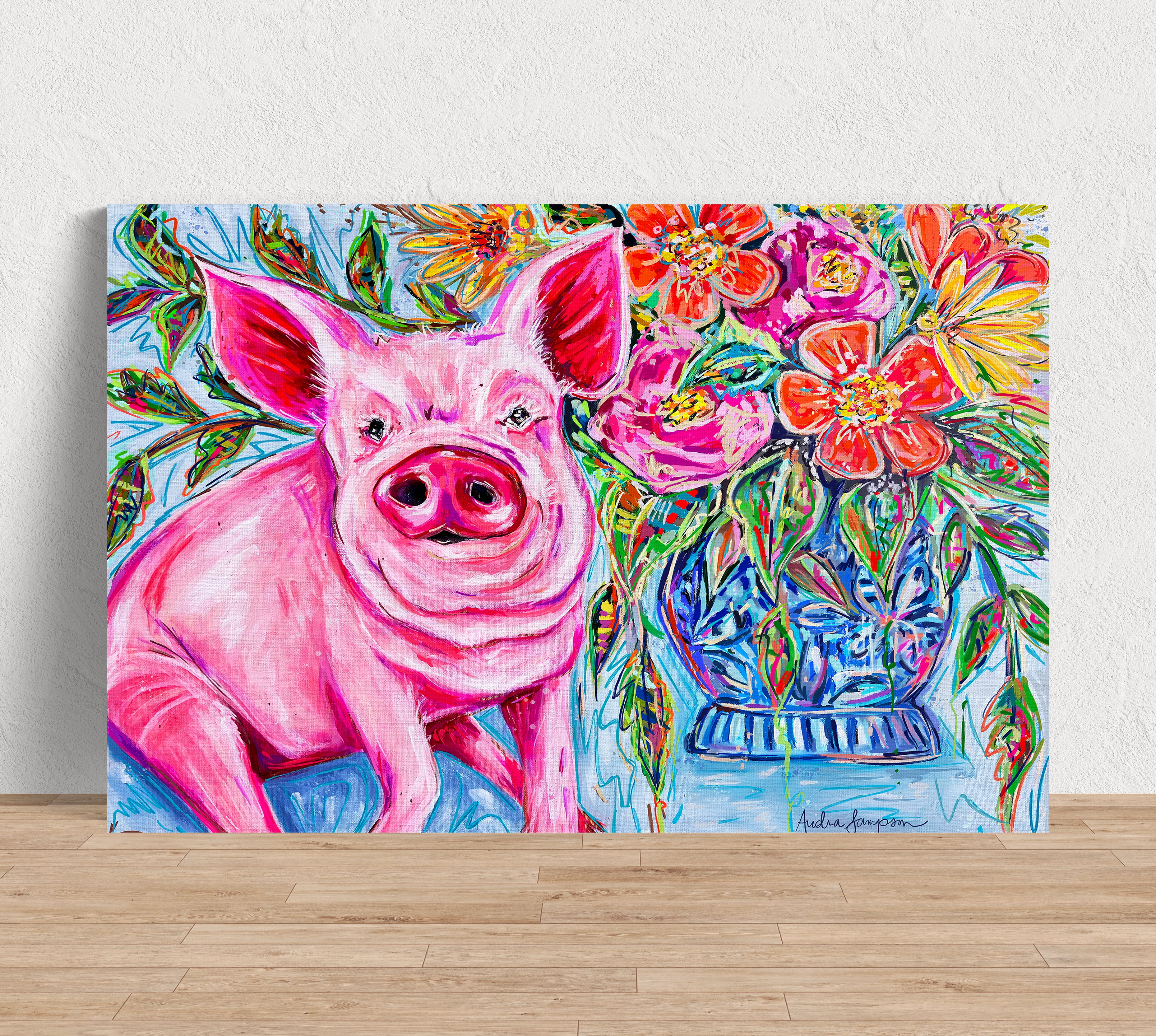Petunia Pig and Bouquet Reproduction Print