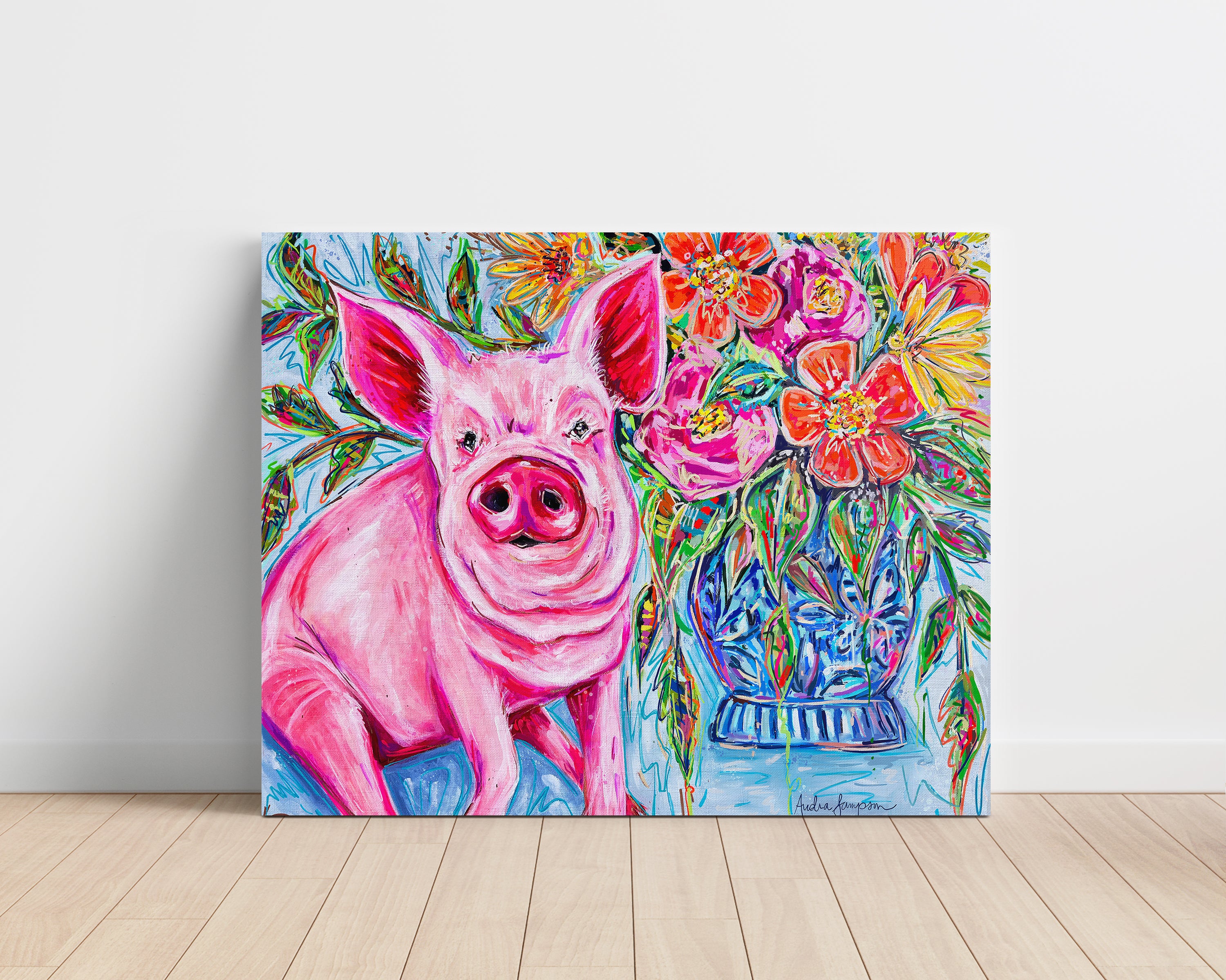 Petunia Pig and Bouquet Reproduction Print
