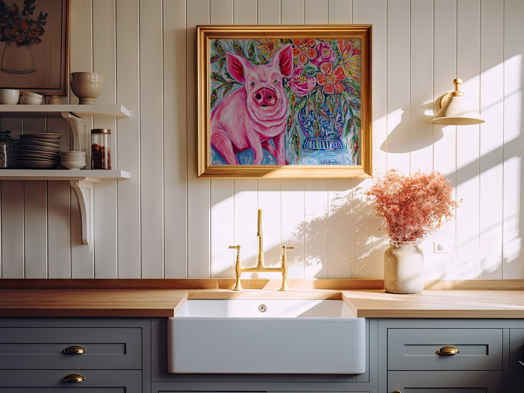 Petunia Pig and Bouquet Reproduction Print