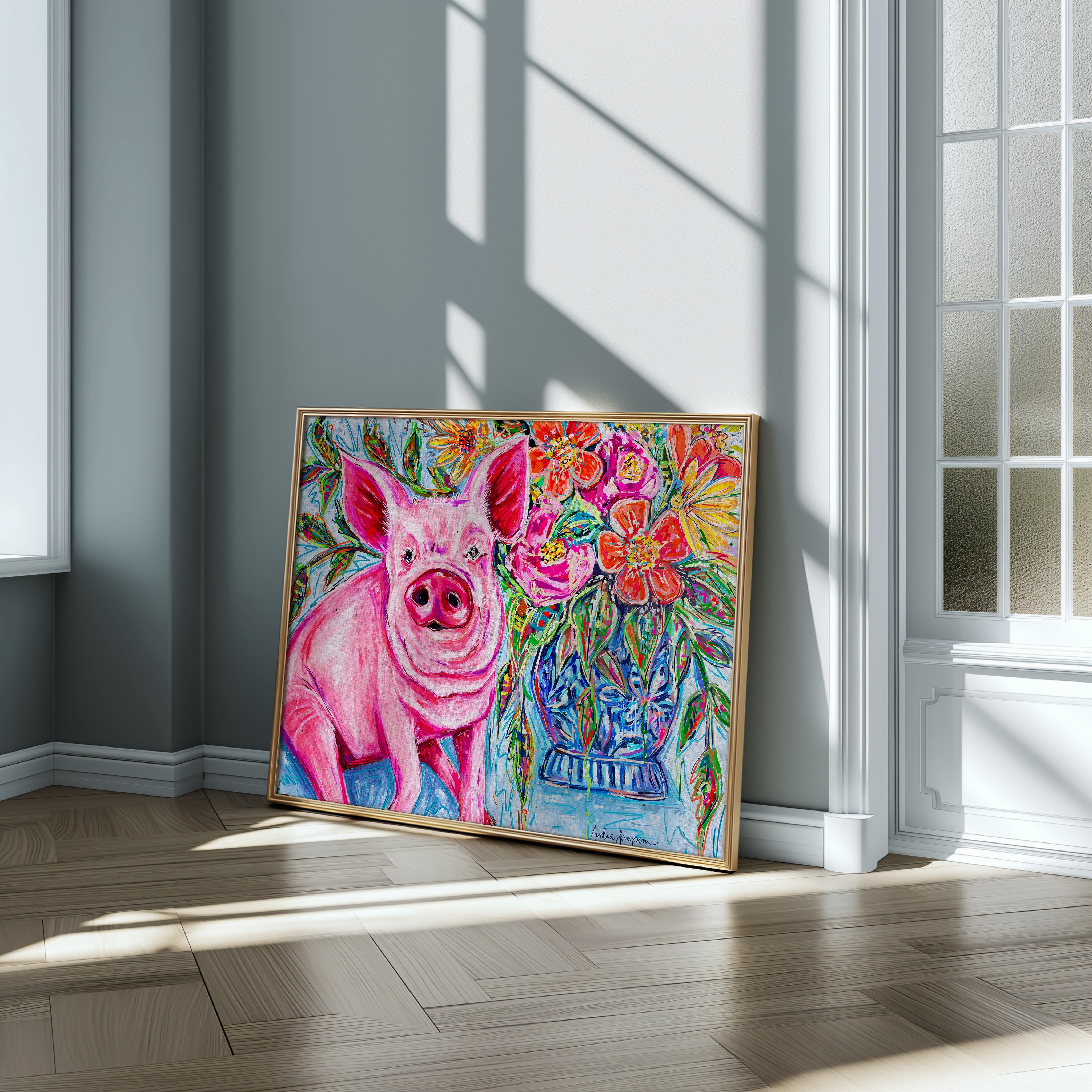 Petunia Pig and Bouquet Reproduction Print