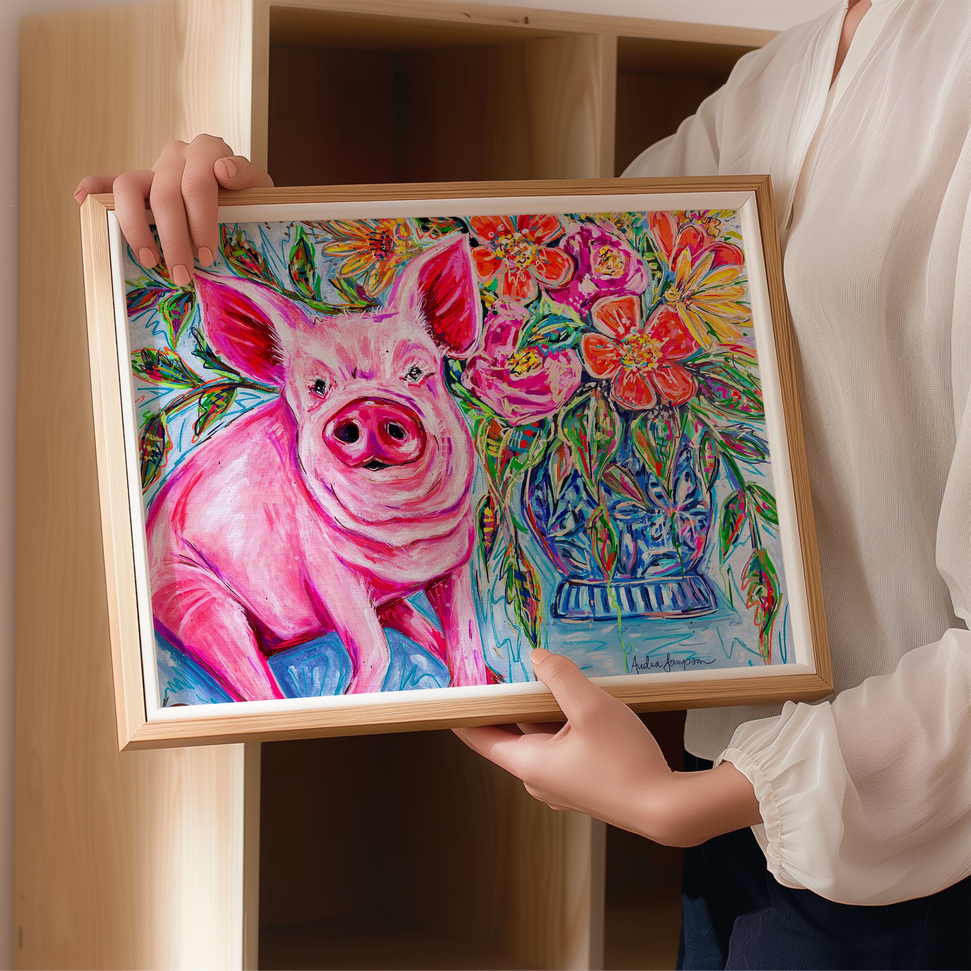 Petunia Pig and Bouquet Reproduction Print