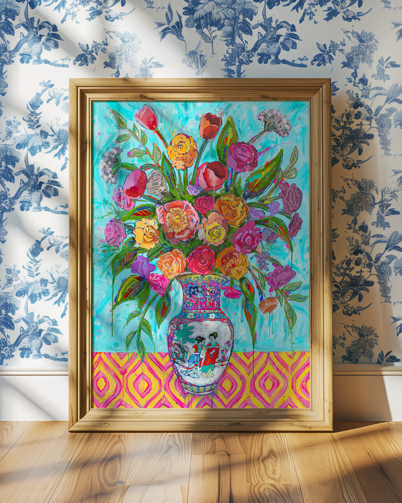 Chinoiserie Vase Bouquet Art Print on Paper or Canvas - Blue and White Floral Decor, Maximalist Art Poster