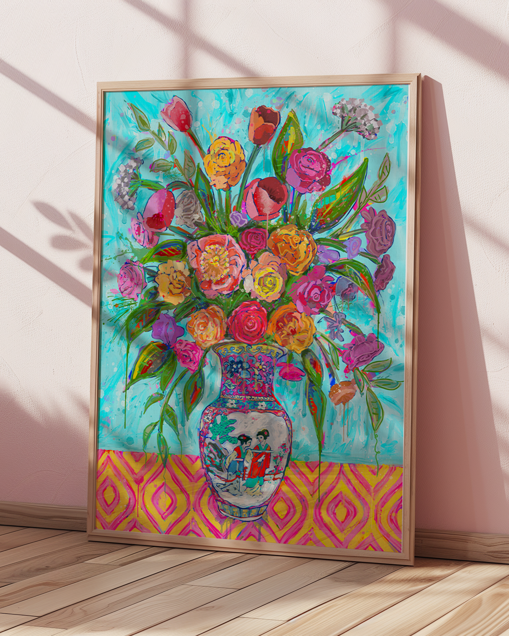 Chinoiserie Vase Bouquet Art Print on Paper or Canvas - Blue and White Floral Decor, Maximalist Art Poster