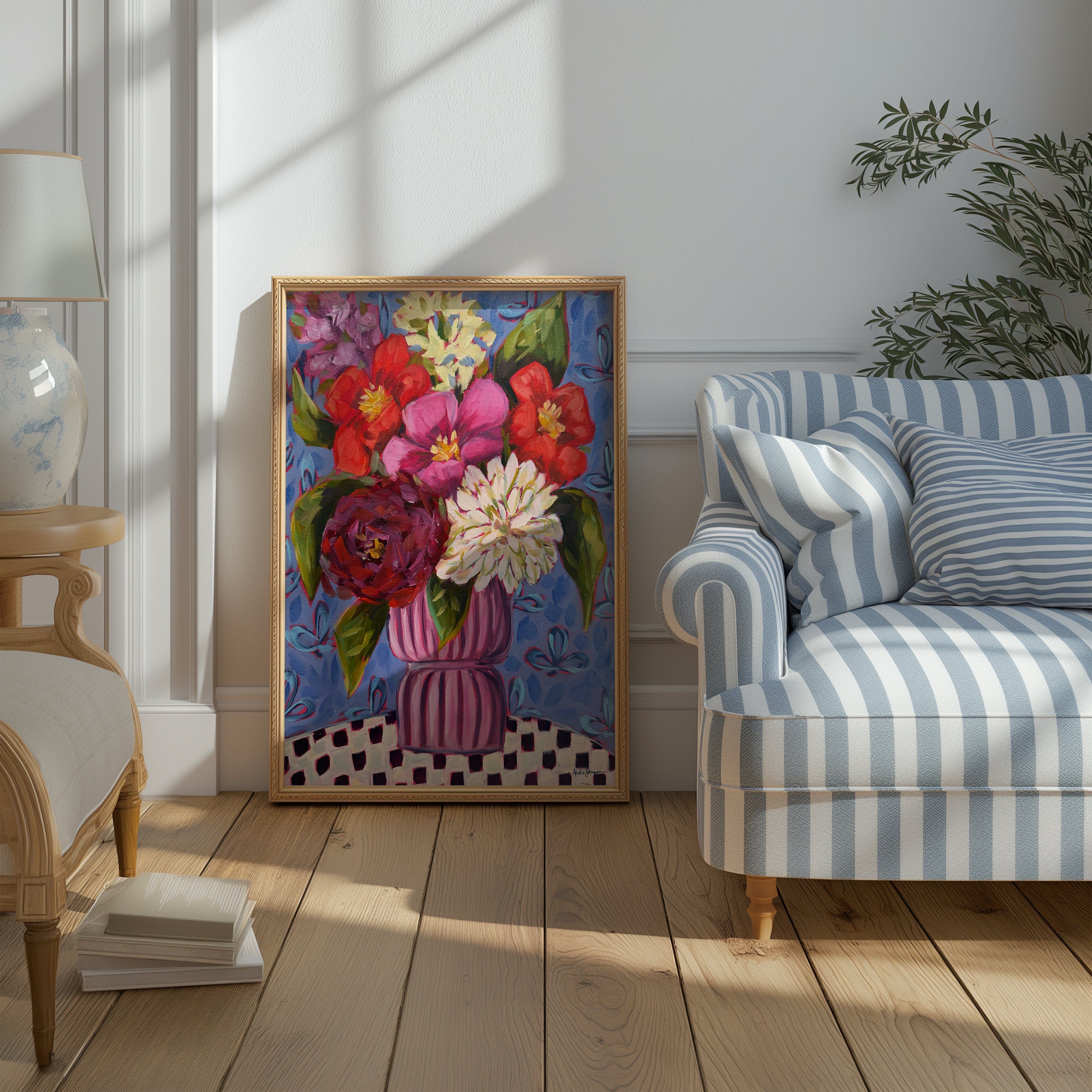 Pink Vase Floral Bouquet Art Print | Bold Colorful Maximalist Wall Art