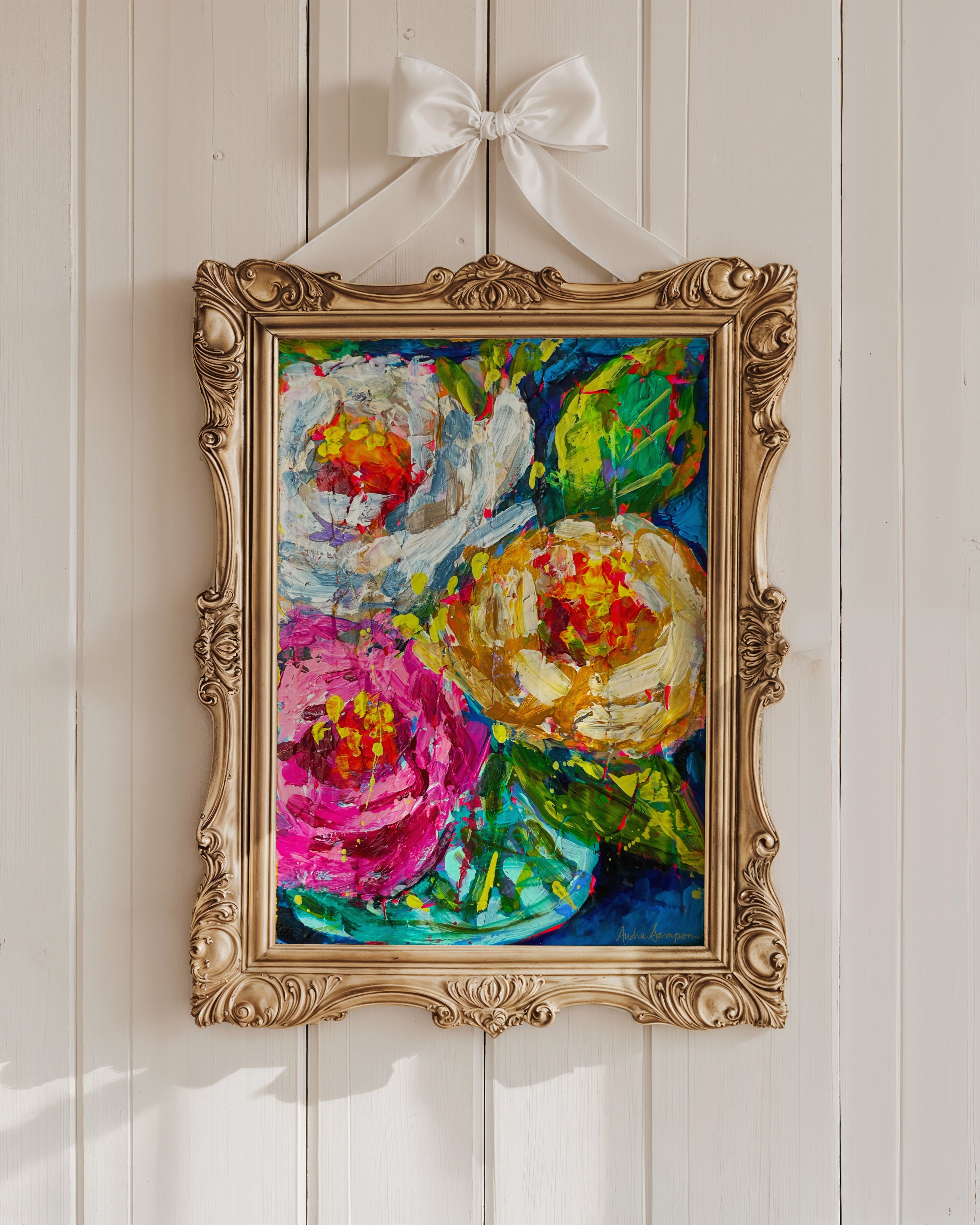 Pink White Rose Bouquet Art Print on Paper or Canvas - Maximalist Flower Bouquet Art Poster