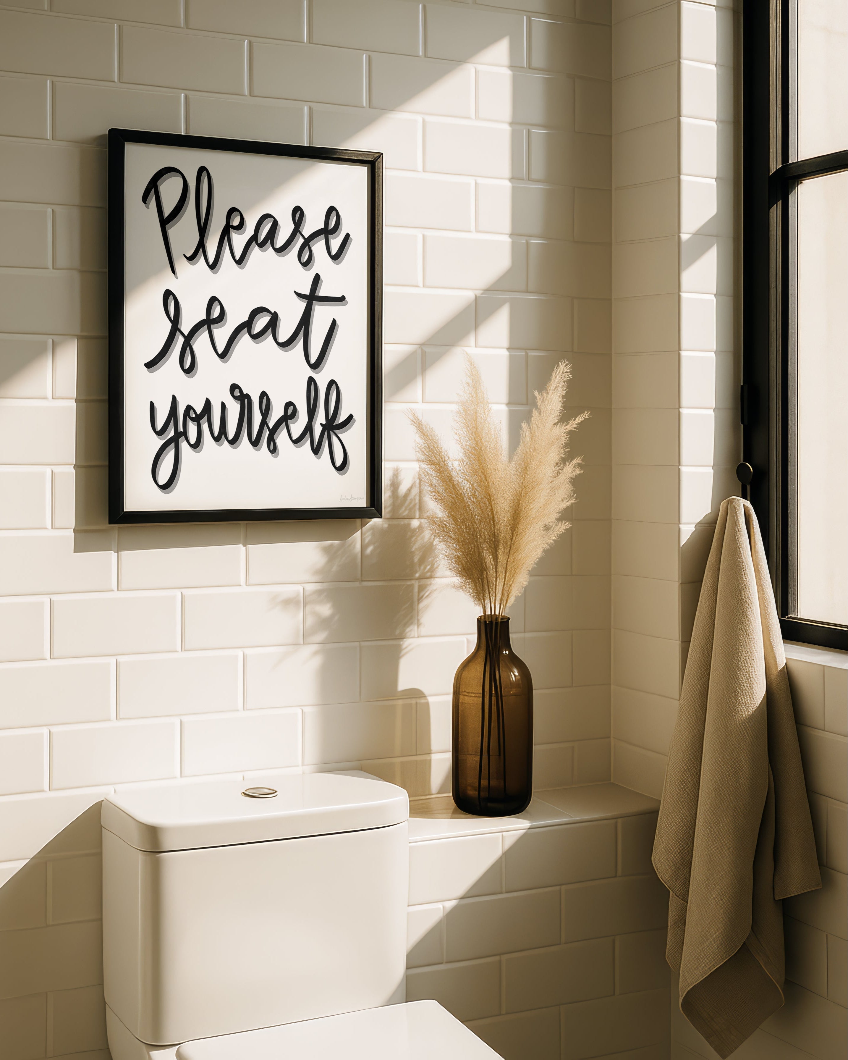 Please Seat Yourself Art Print on Paper or Canvas - Bathroom Decor, Maximalist Art Poster - Black
