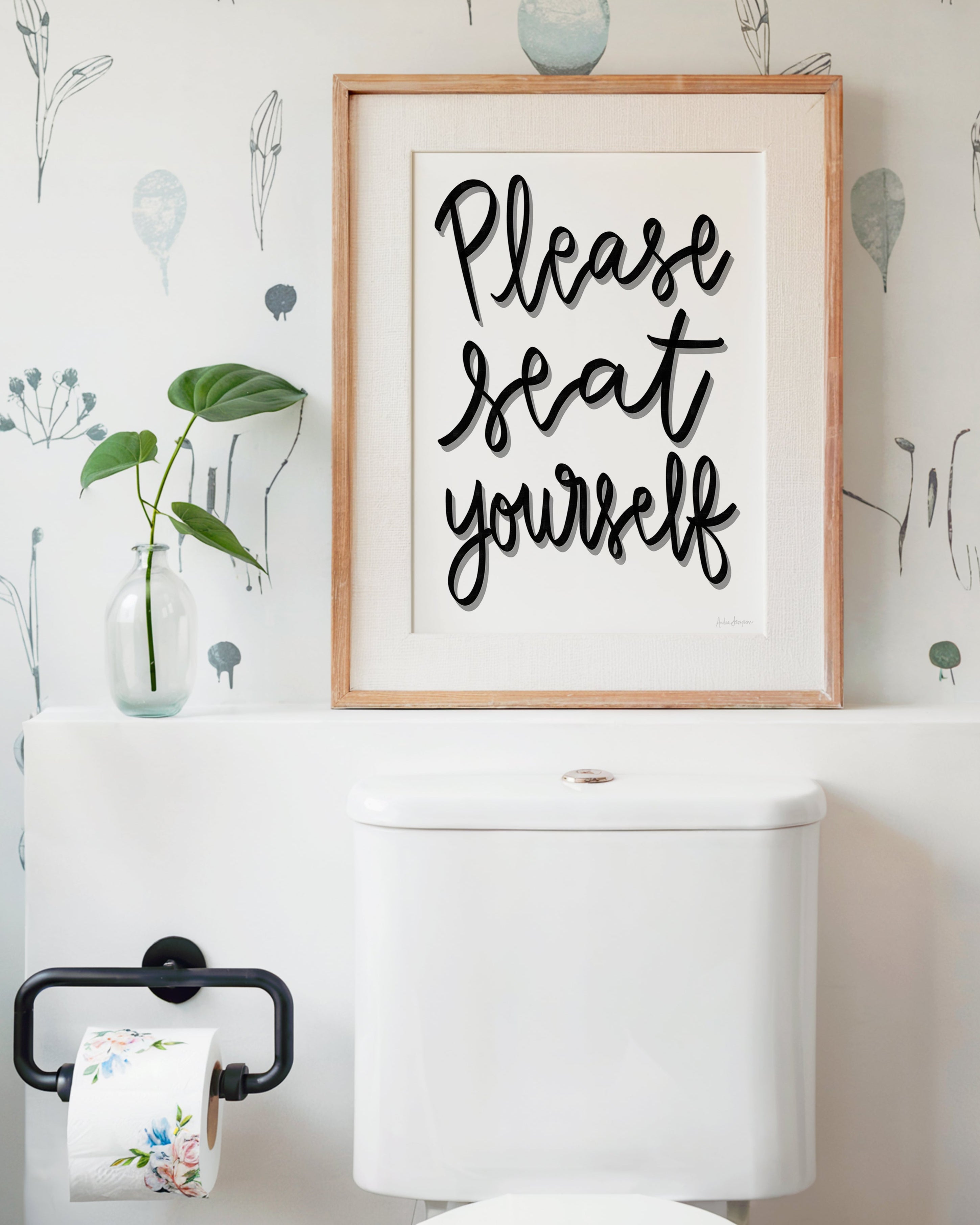 Please Seat Yourself Art Print on Paper or Canvas - Bathroom Decor, Maximalist Art Poster - Black