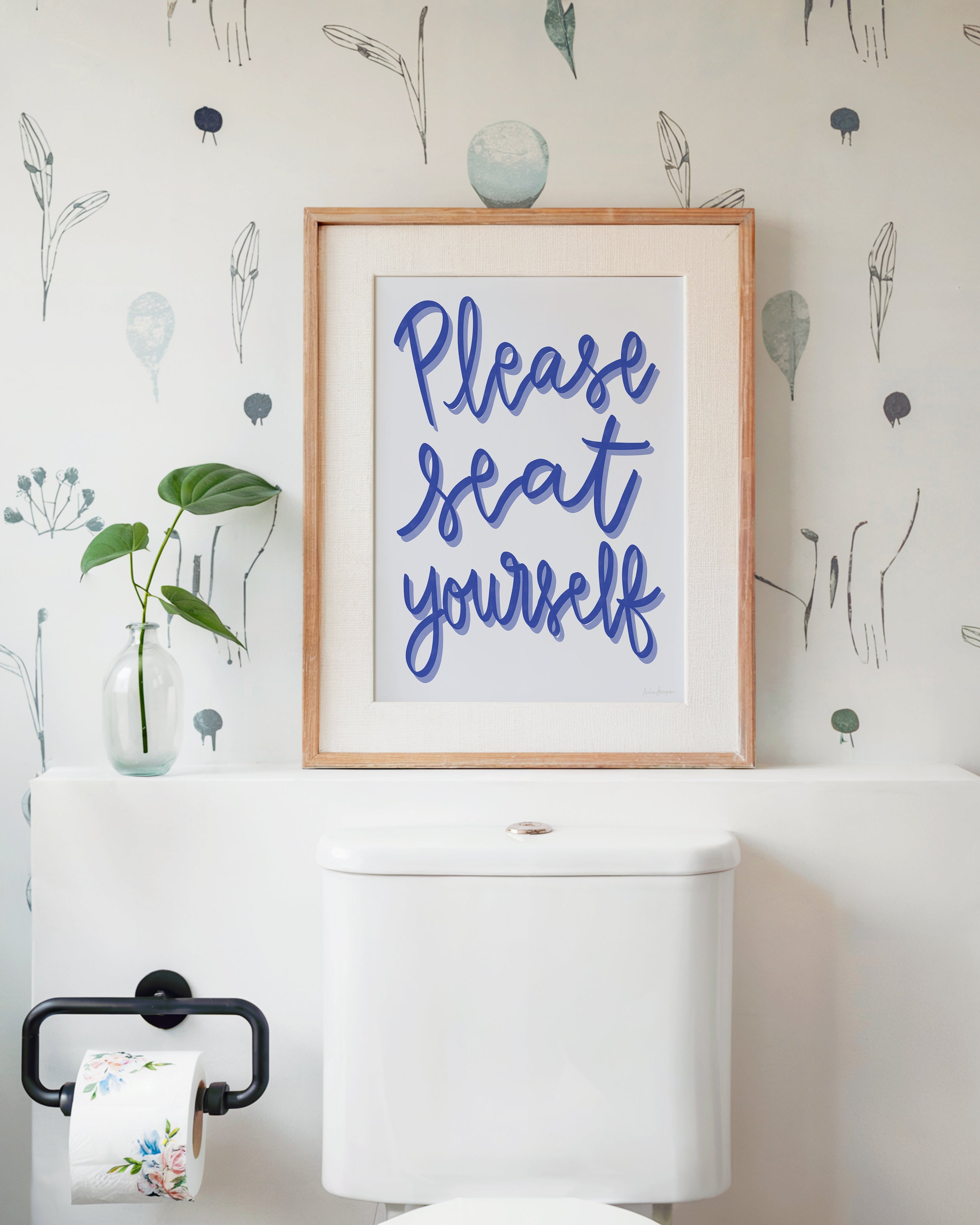 Please Seat Yourself Art Print on Paper or Canvas - Bathroom Decor, Maximalist Art Poster - Blue