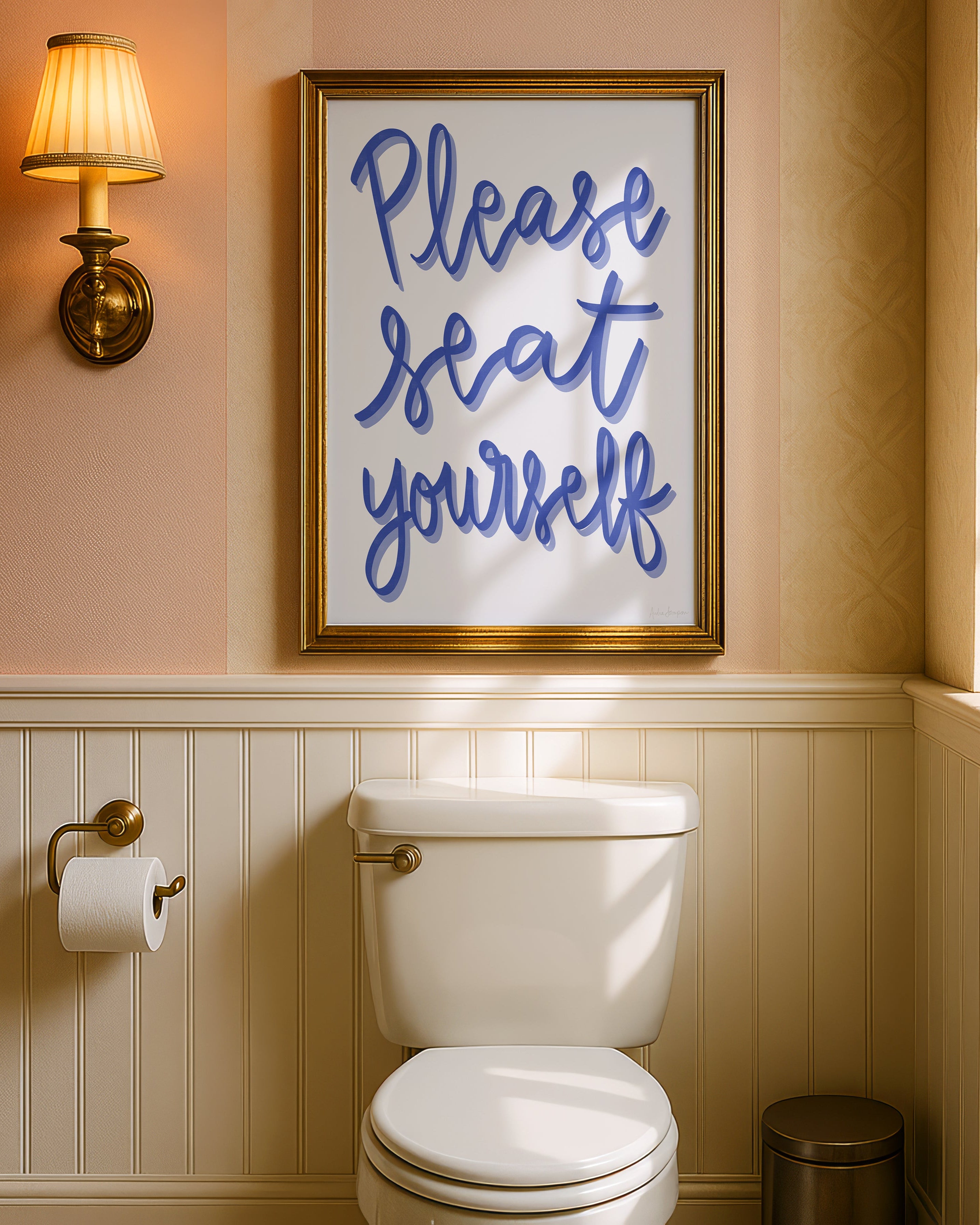 Please Seat Yourself Art Print on Paper or Canvas - Bathroom Decor, Maximalist Art Poster - Blue