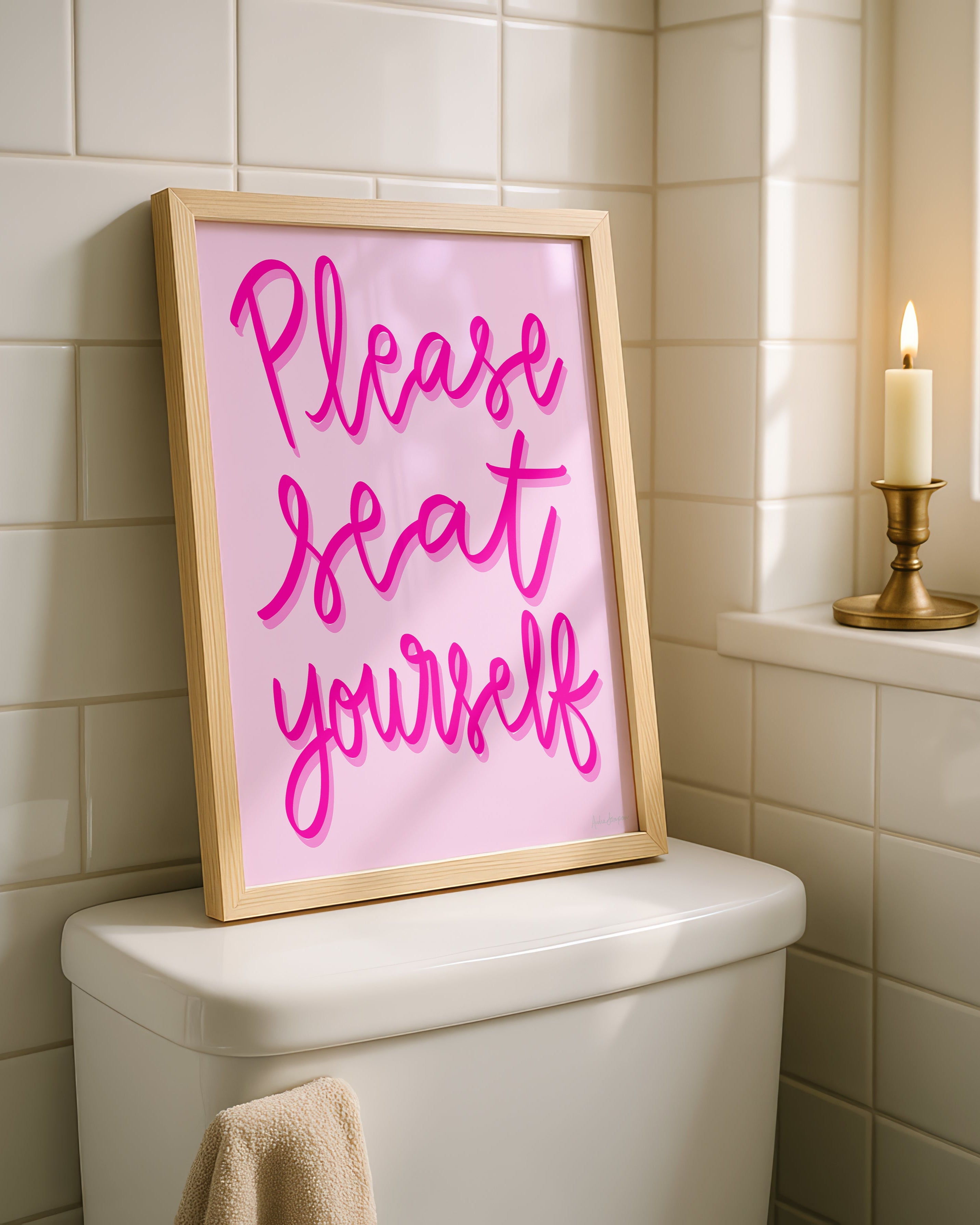Please Seat Yourself Art Print on Paper or Canvas - Bathroom Decor, Maximalist Art Poster - Pink