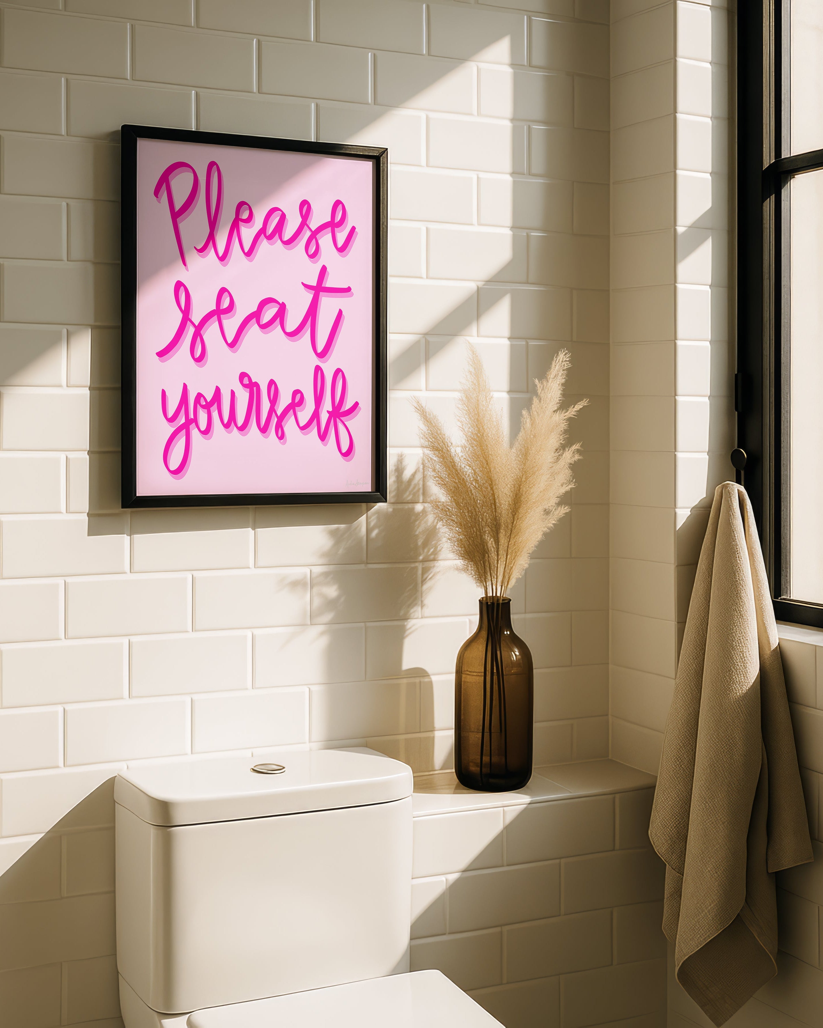 Please Seat Yourself Art Print on Paper or Canvas - Bathroom Decor, Maximalist Art Poster - Pink