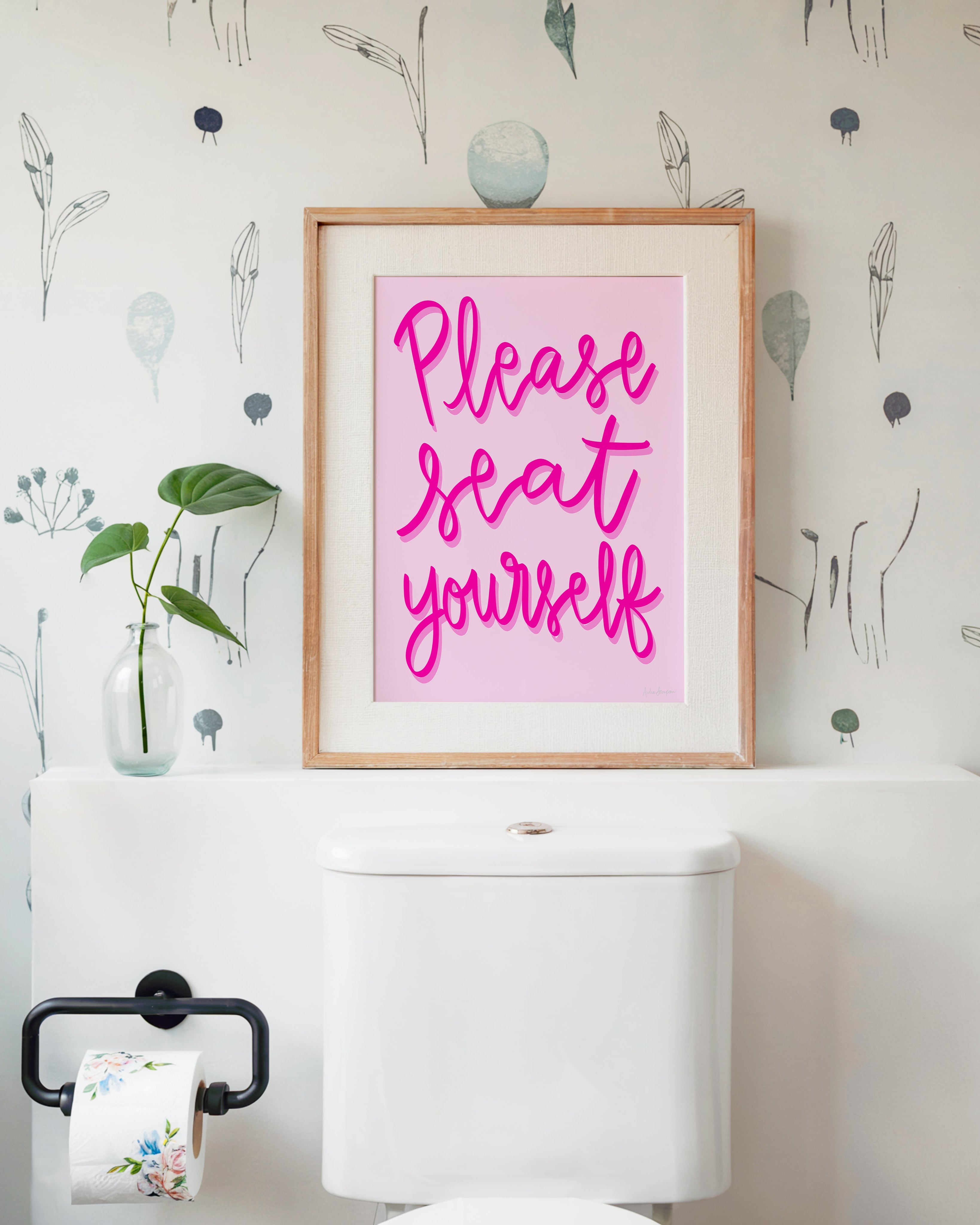 Please Seat Yourself Art Print on Paper or Canvas - Bathroom Decor, Maximalist Art Poster - Pink