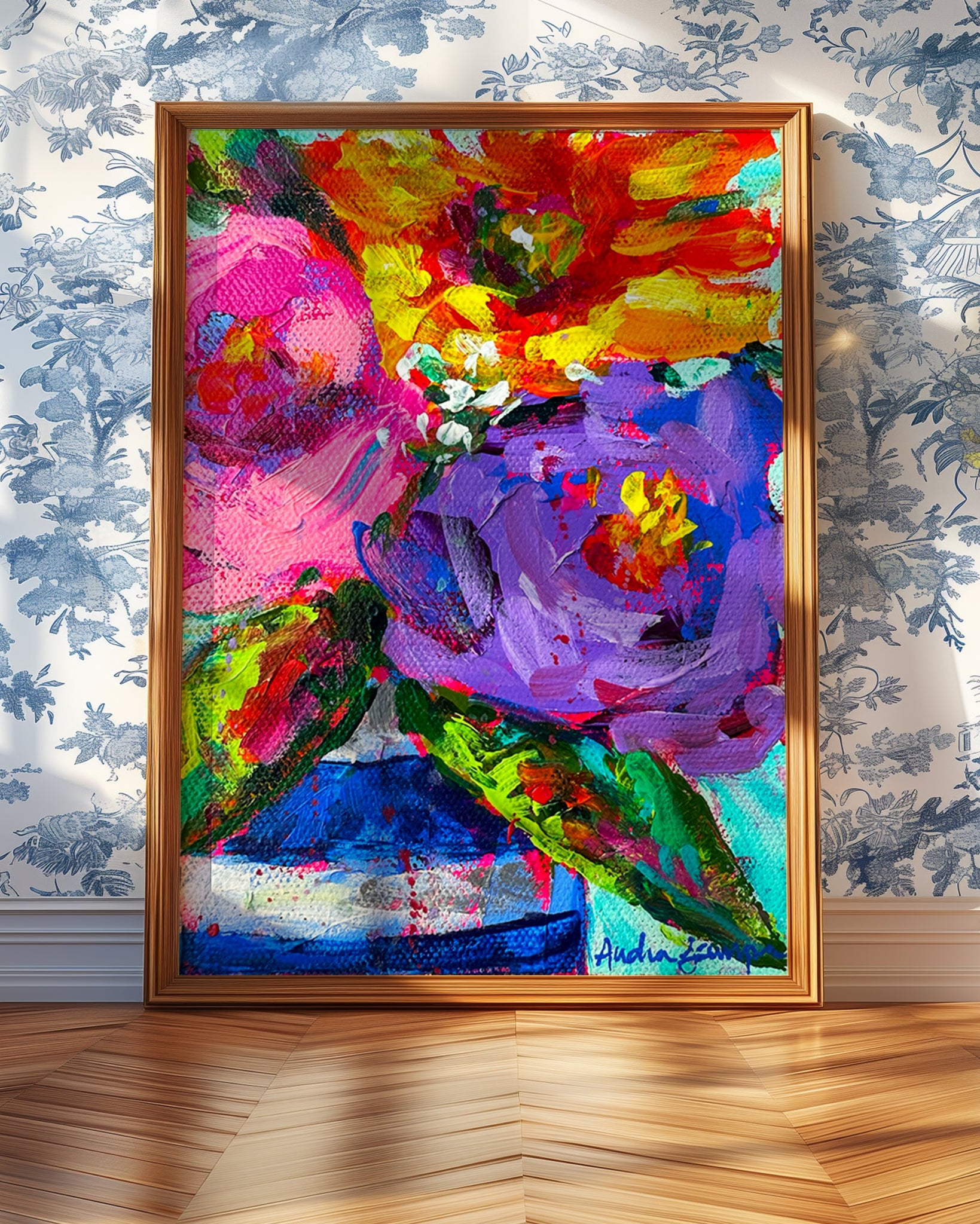 Purple Rose Blue Stripe Vase Bouquet Art Print on Paper or Canvas - Maximalist Flower Bouquet Art Poster