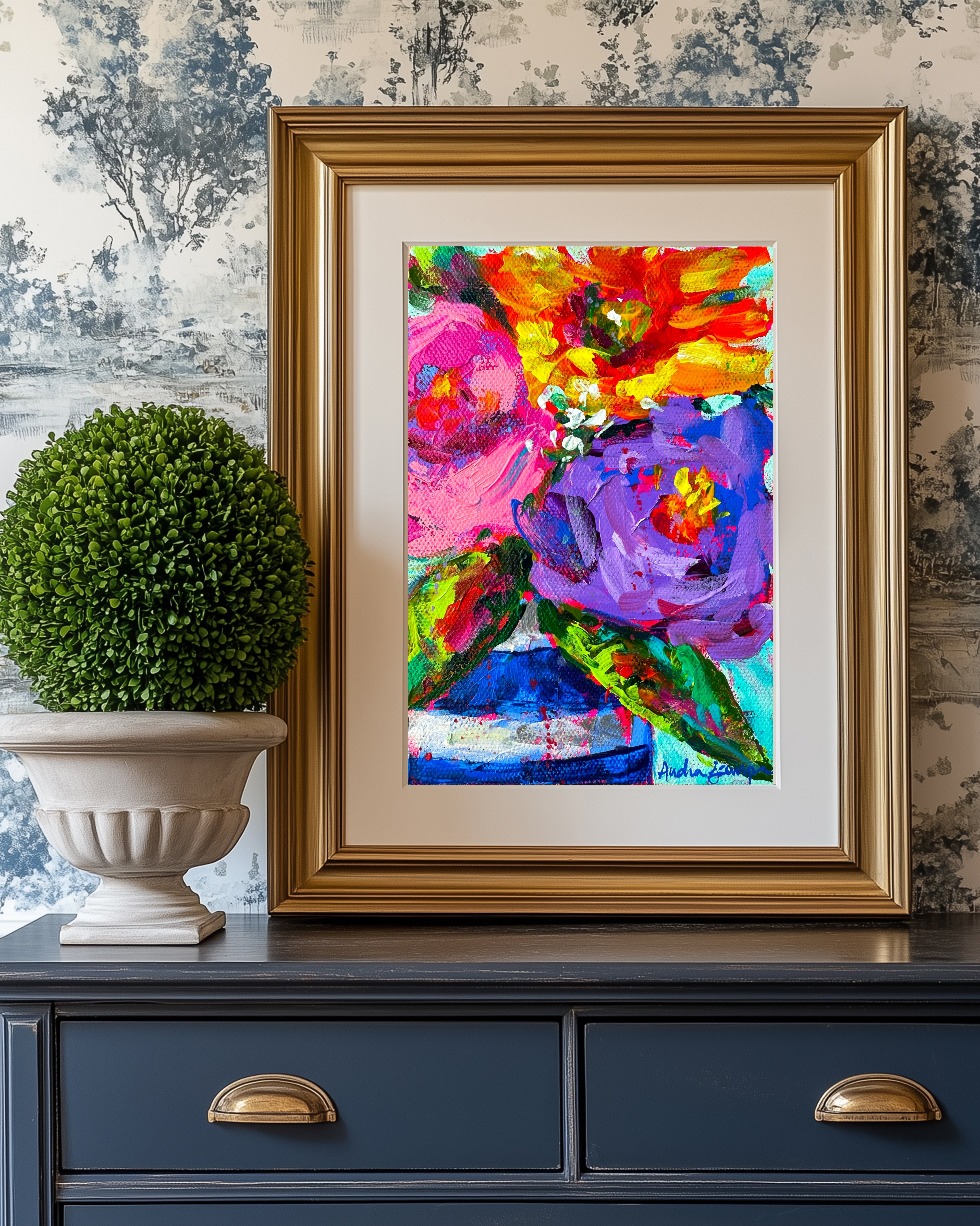 Purple Rose Blue Stripe Vase Bouquet Art Print on Paper or Canvas - Maximalist Flower Bouquet Art Poster