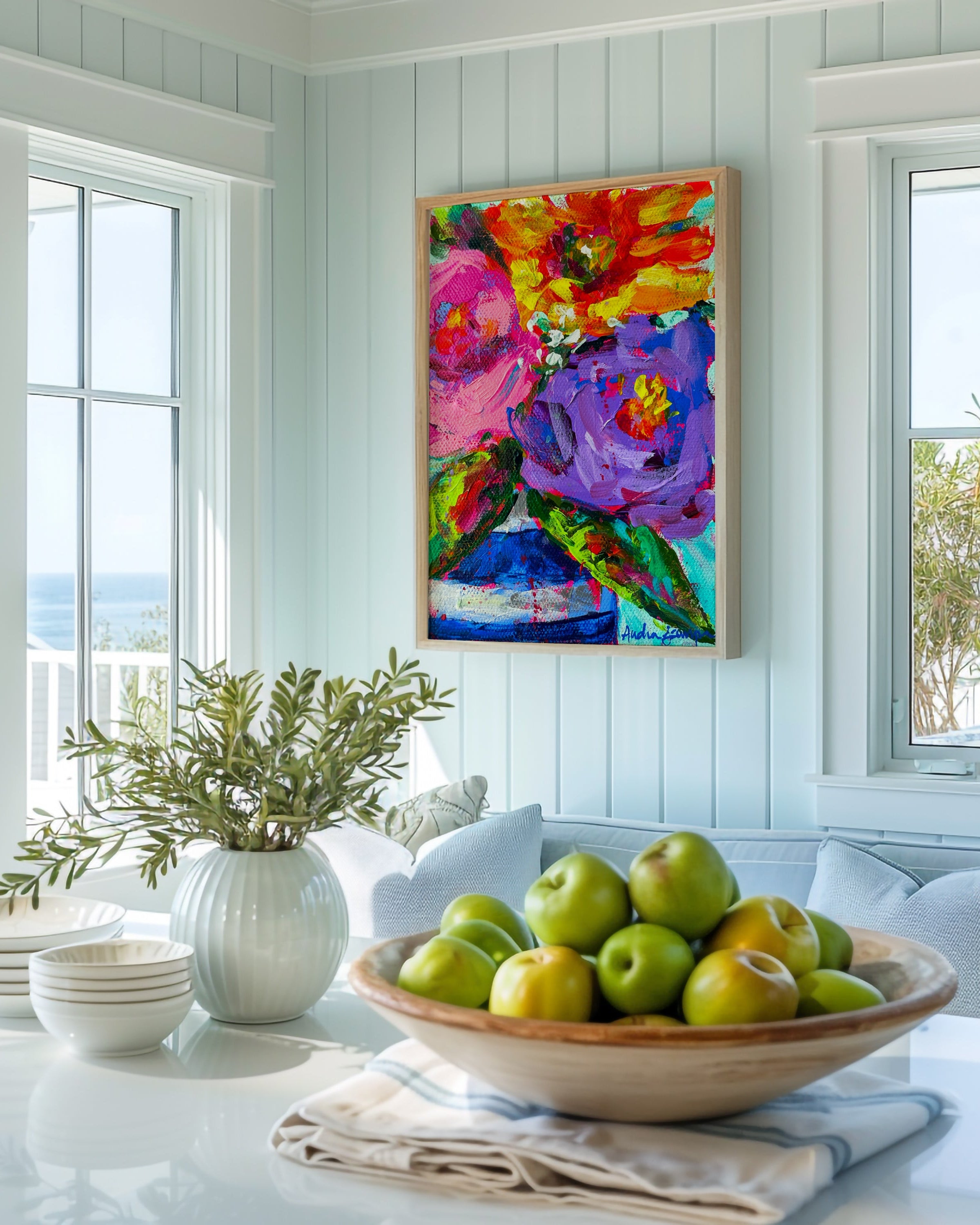 Purple Rose Blue Stripe Vase Bouquet Art Print on Paper or Canvas - Maximalist Flower Bouquet Art Poster