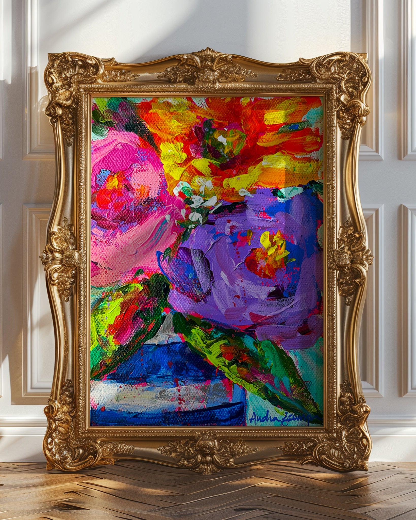 Purple Rose Blue Stripe Vase Bouquet Art Print on Paper or Canvas - Maximalist Flower Bouquet Art Poster