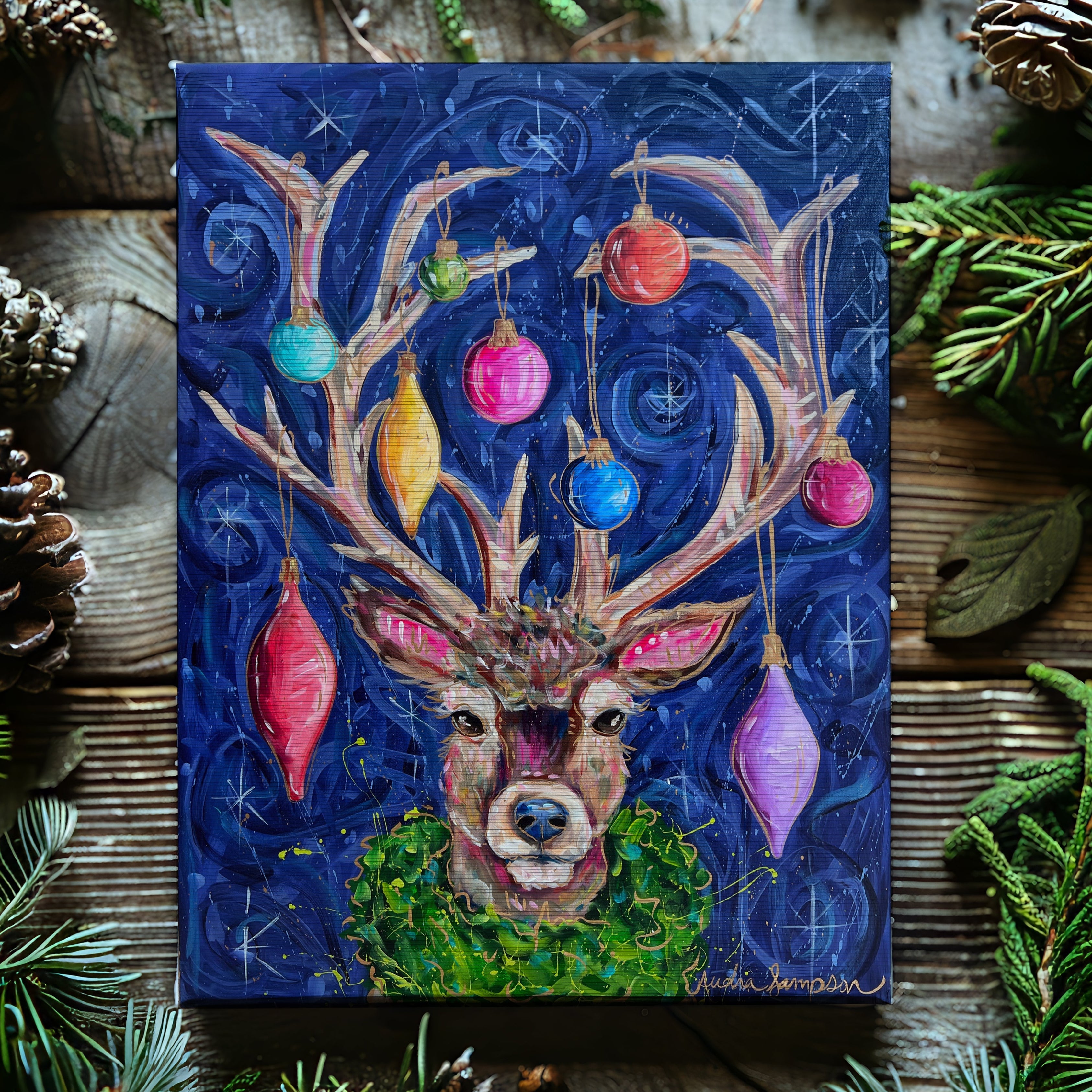 Reindeer Christmas Reproduction Print - On Paper or Canvas