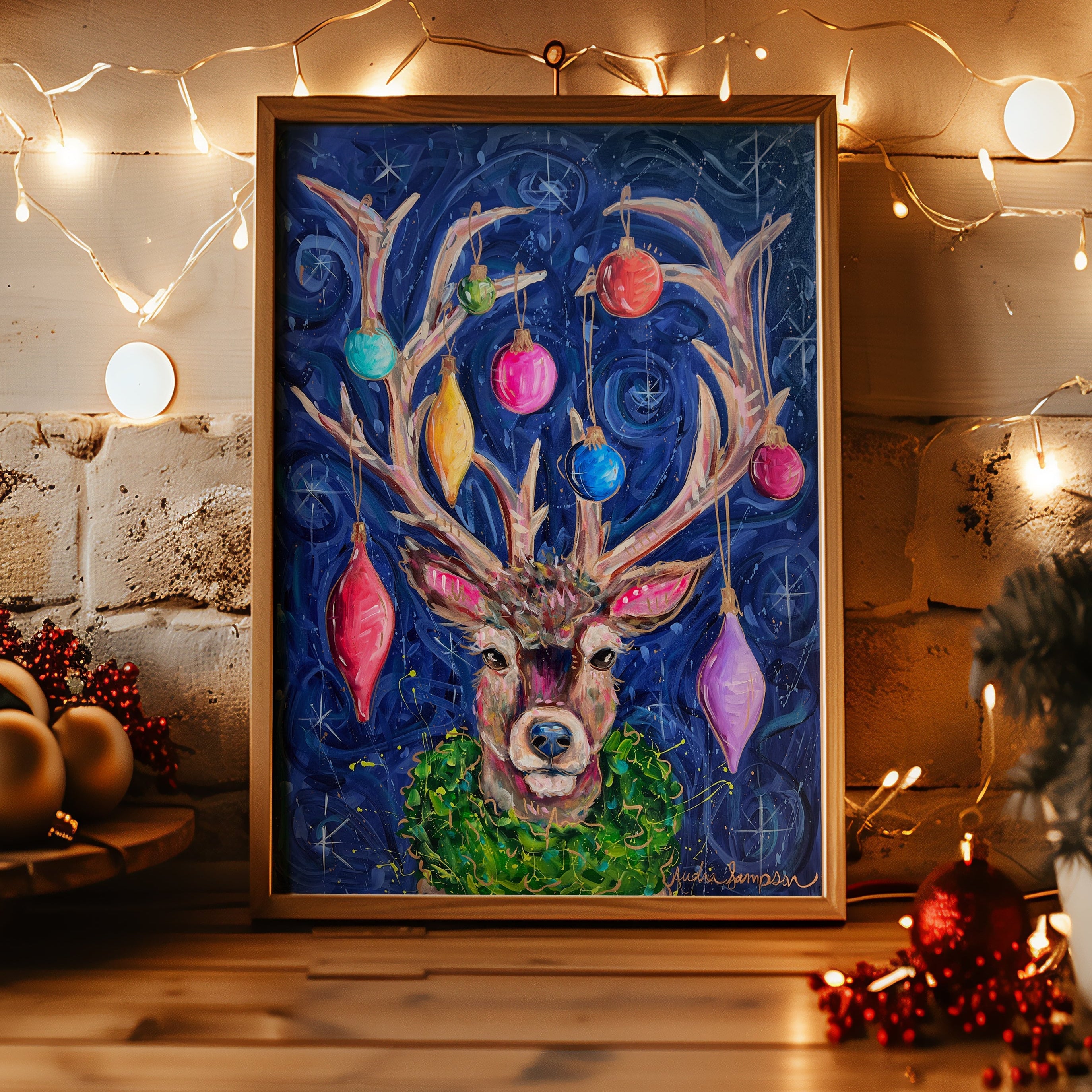Reindeer Christmas Reproduction Print - On Paper or Canvas