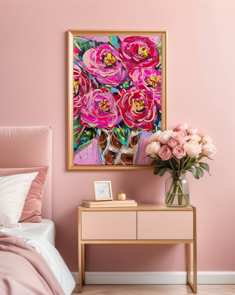 Red Pink Leopard Bouquet Art Print on Paper or Canvas - Maximalist Dec