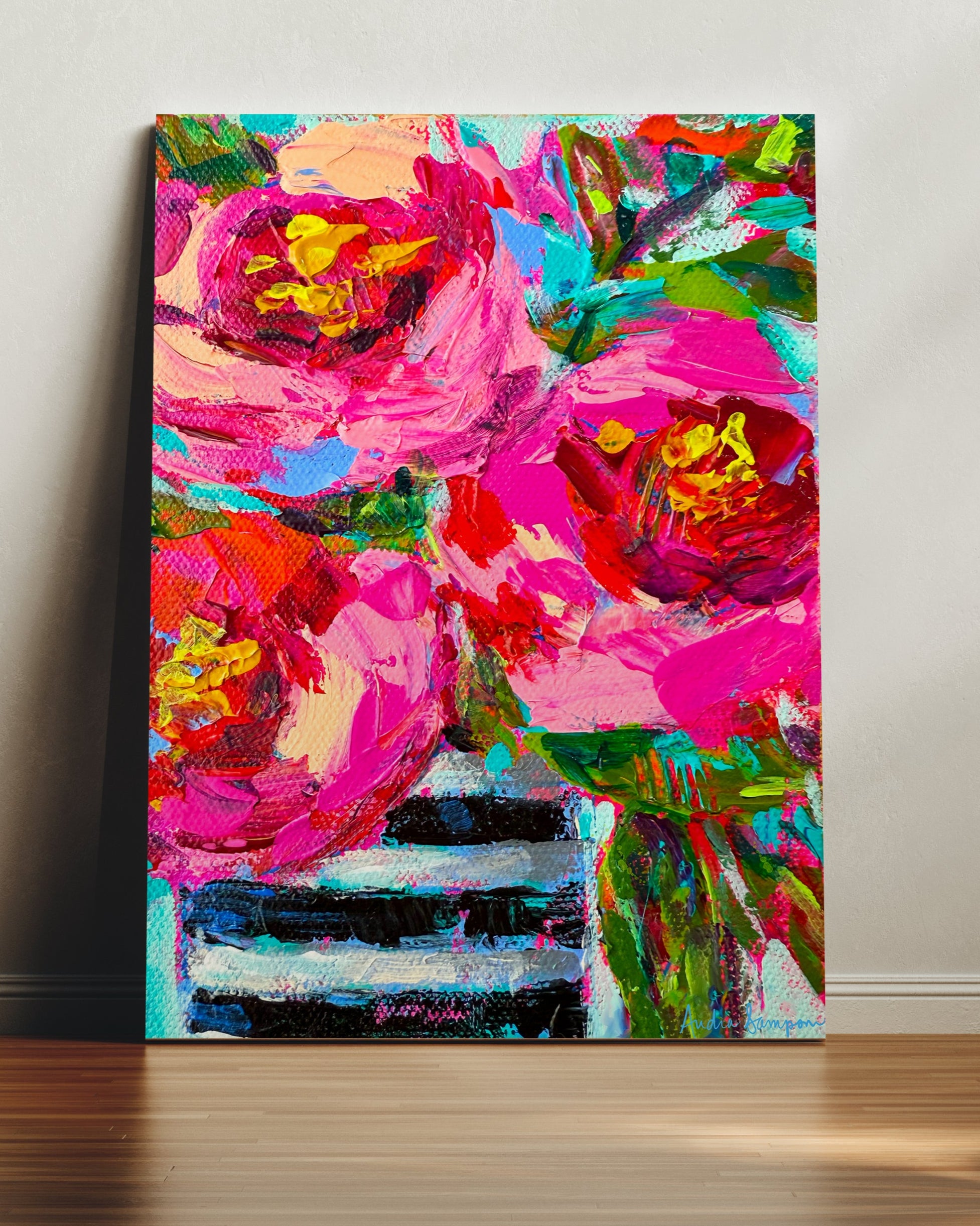 Roses Black Stripe Vase Bouquet Art Print on Paper or Canvas - Maximalist Flower Bouquet Art Poster