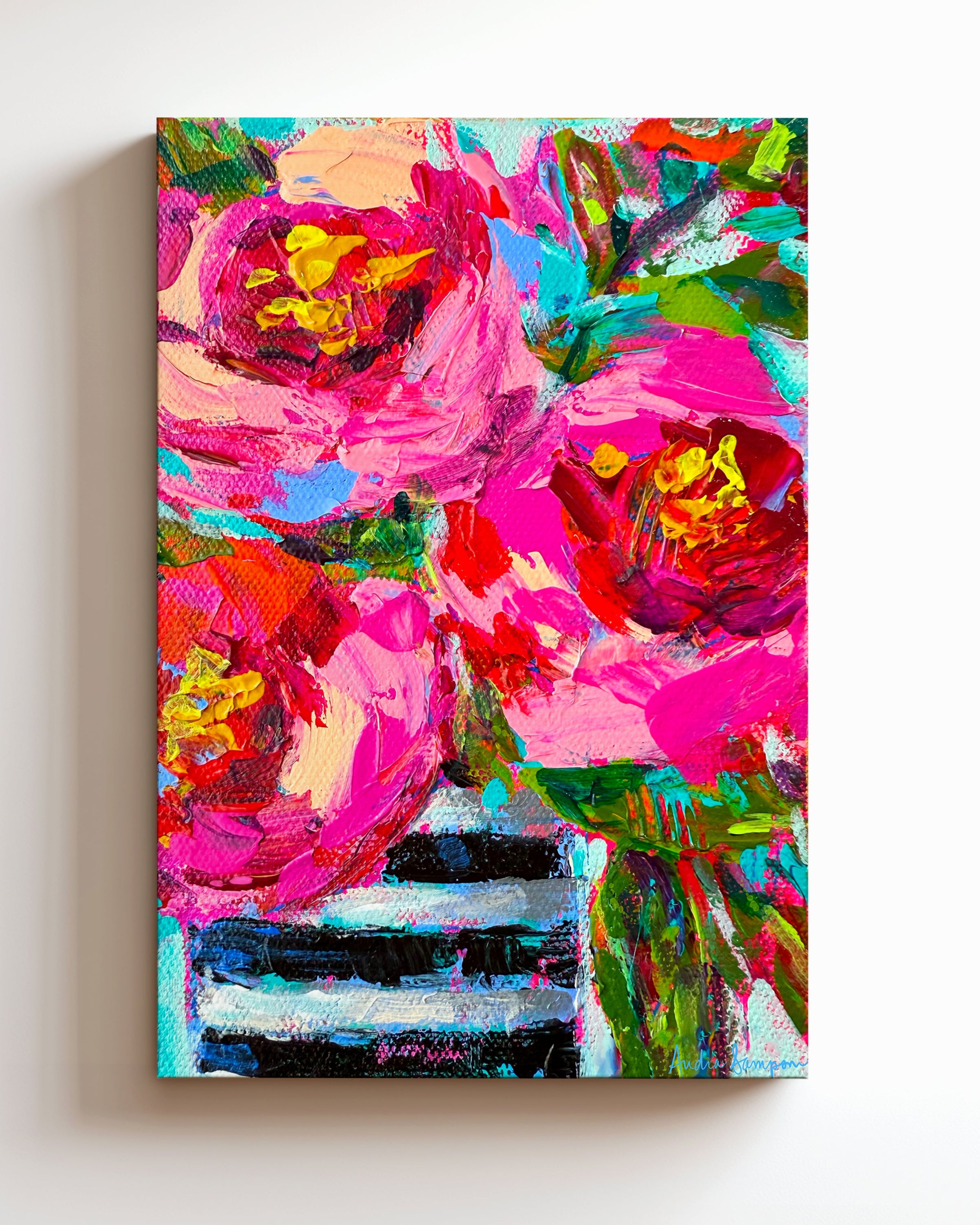 Roses Black Stripe Vase Bouquet Art Print on Paper or Canvas - Maximalist Flower Bouquet Art Poster