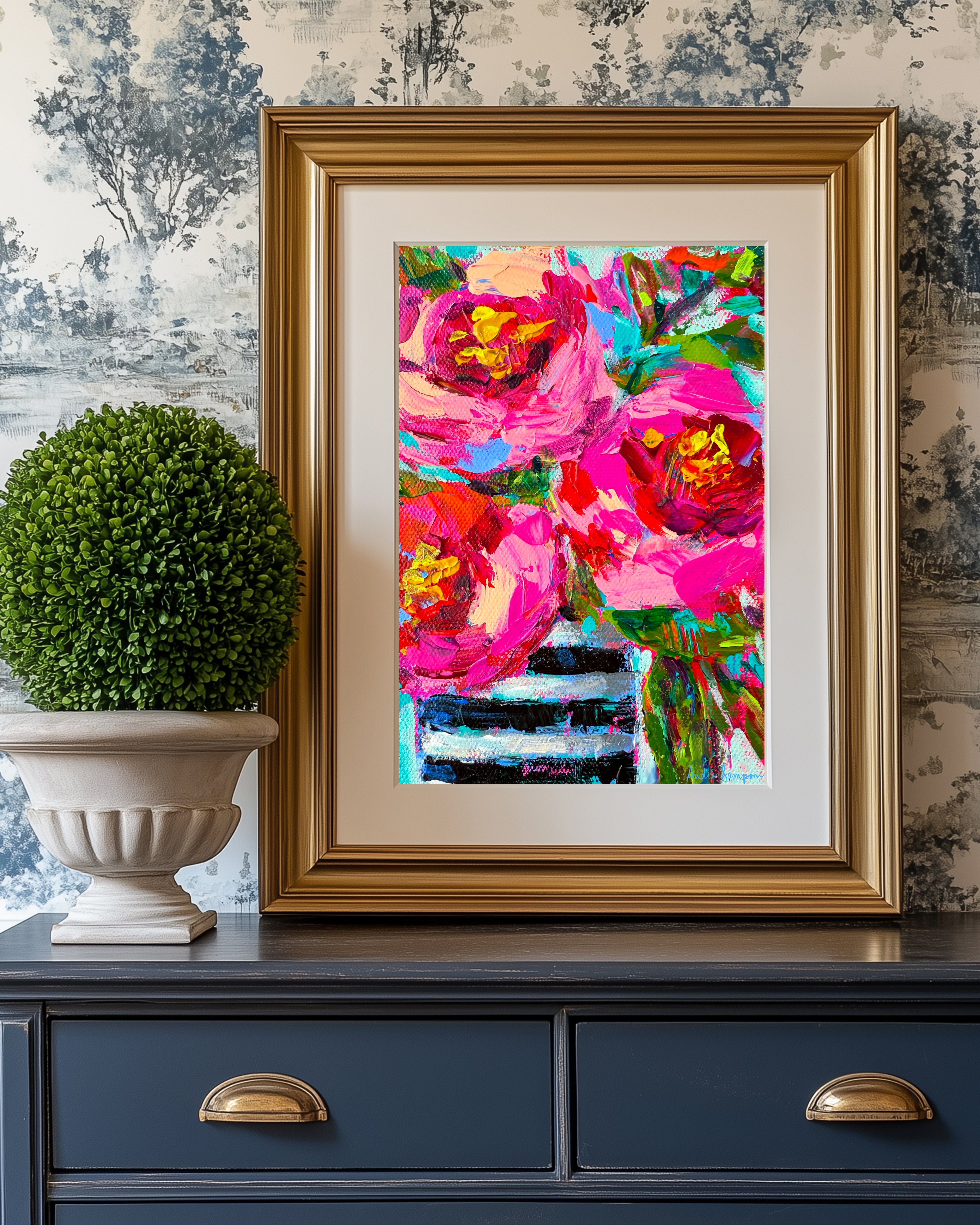 Roses Black Stripe Vase Bouquet Art Print on Paper or Canvas - Maximalist Flower Bouquet Art Poster