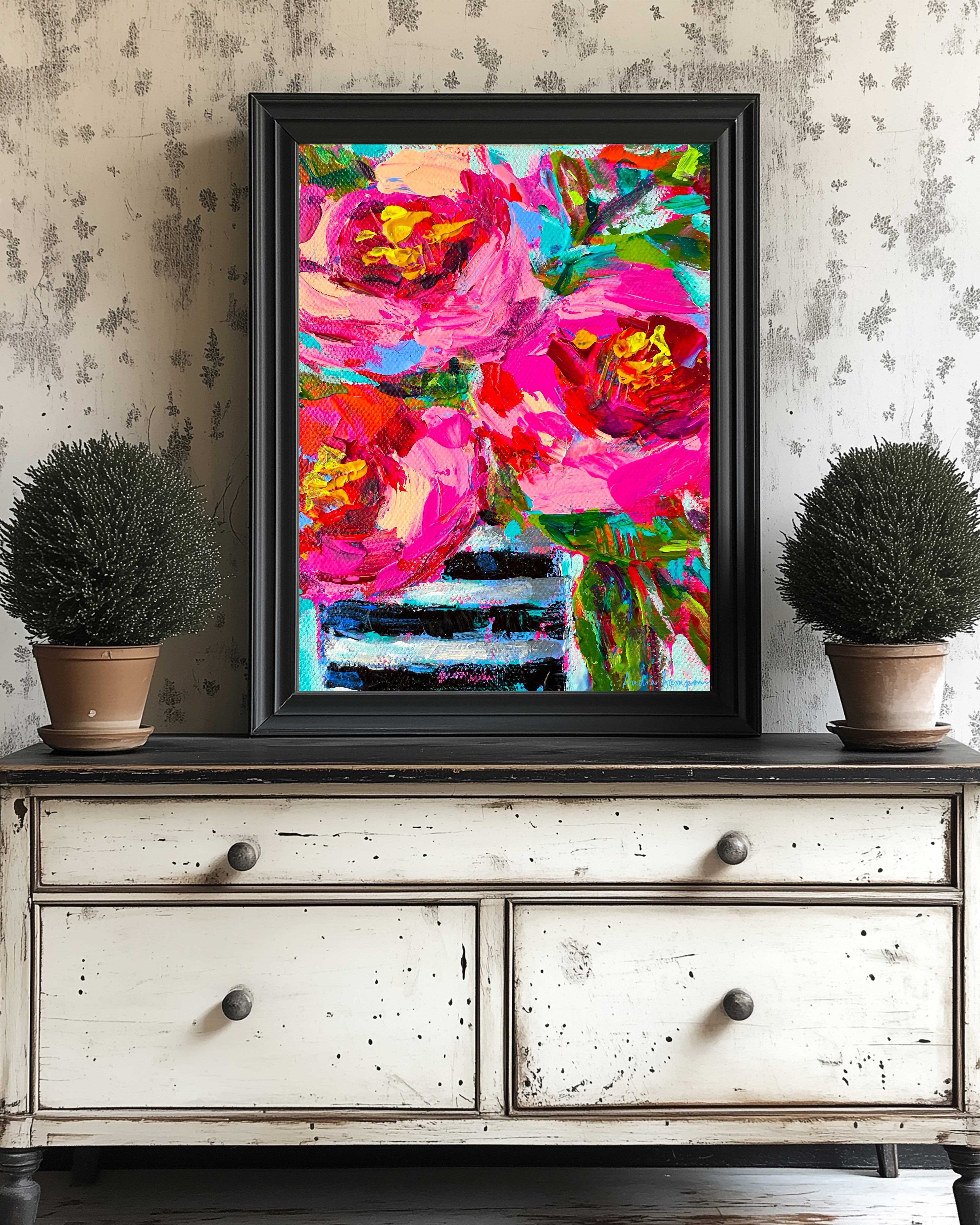 Roses Black Stripe Vase Bouquet Art Print on Paper or Canvas - Maximalist Flower Bouquet Art Poster
